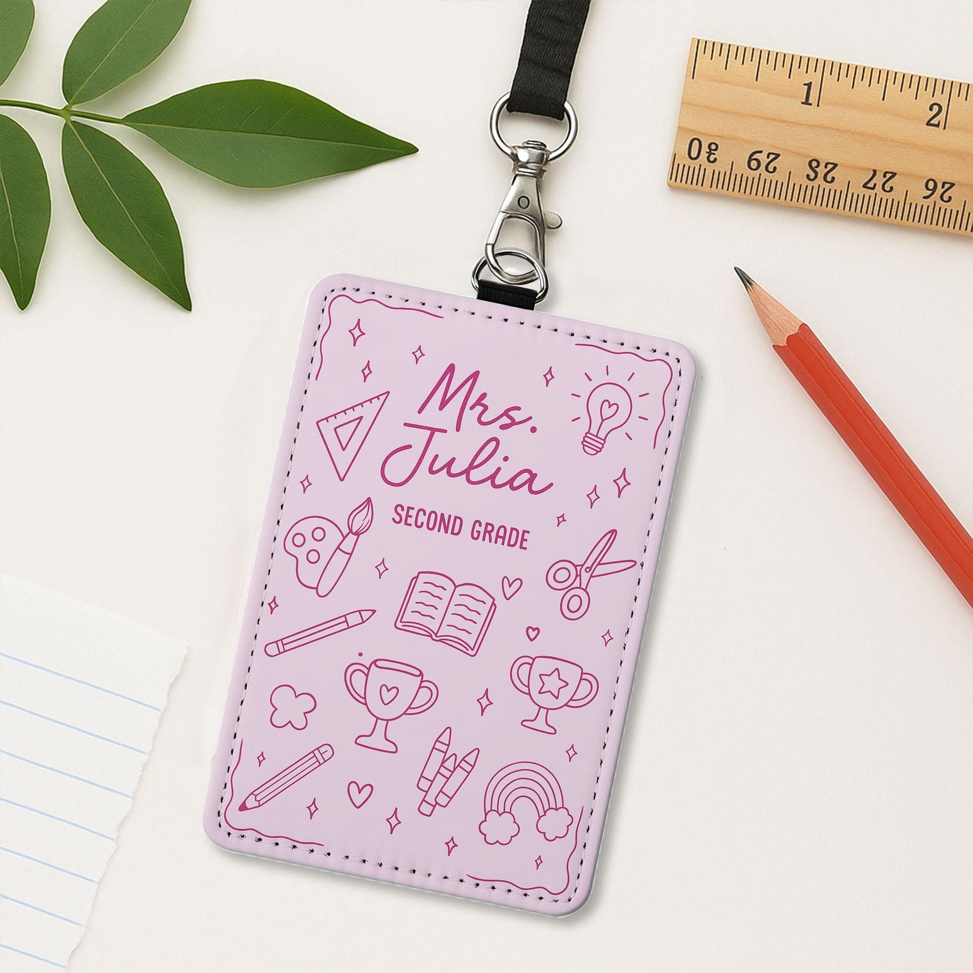 Personalized Teacher Badge Holder – Custom Name, Grade ID Holder for Teachers – Cute Pink School Icons Design for Classroom or Gifts