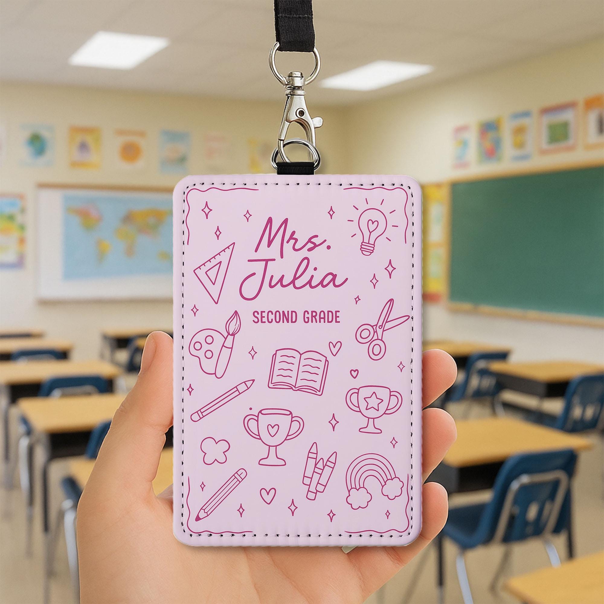 Personalized Teacher Badge Holder – Custom Name, Grade ID Holder for Teachers – Cute Pink School Icons Design for Classroom or Gifts