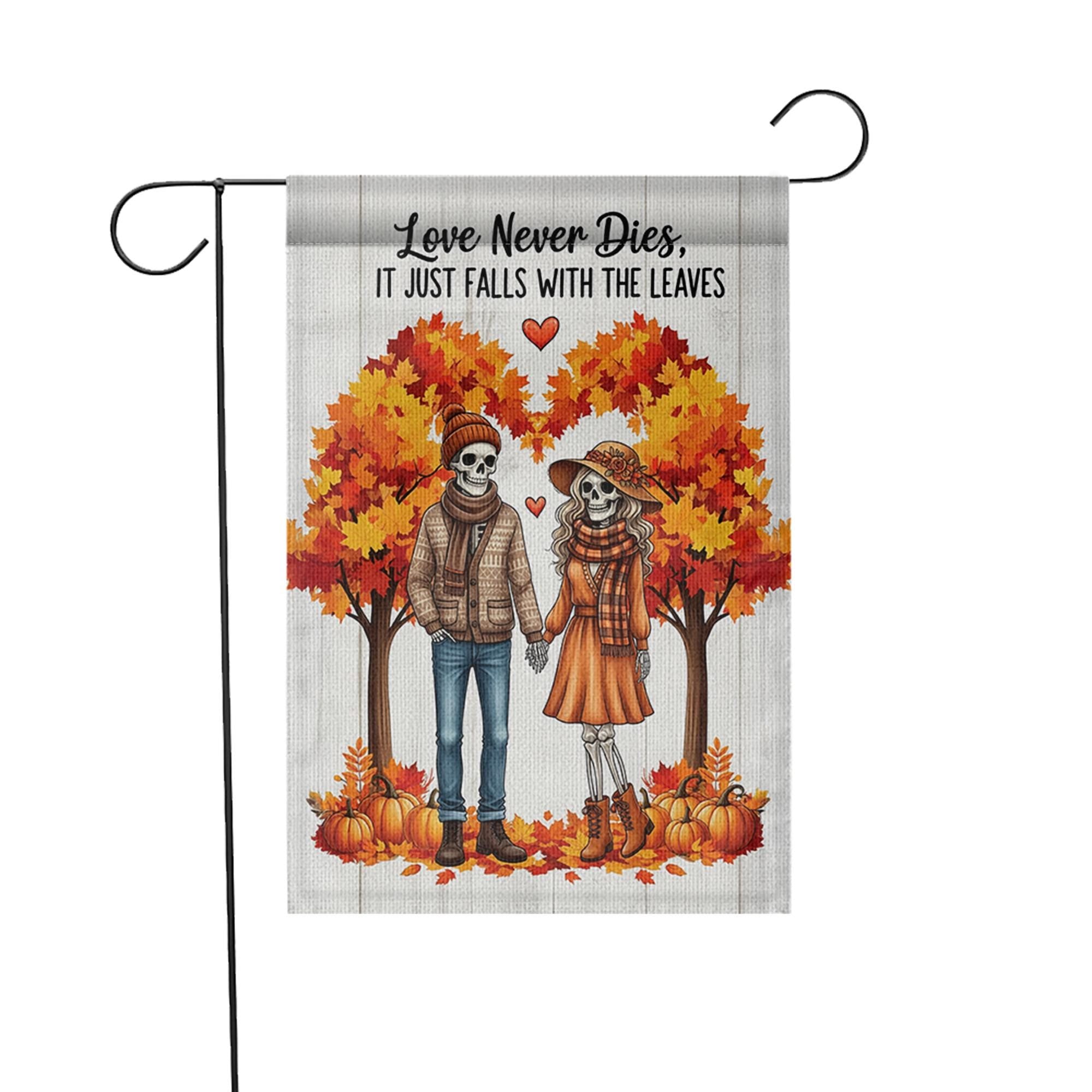 Skeleton Couple Fall Garden Flag | Love Never Dies Autumn Decor | Halloween Romantic Yard Sign | Spooky Fall Outdoor Gift