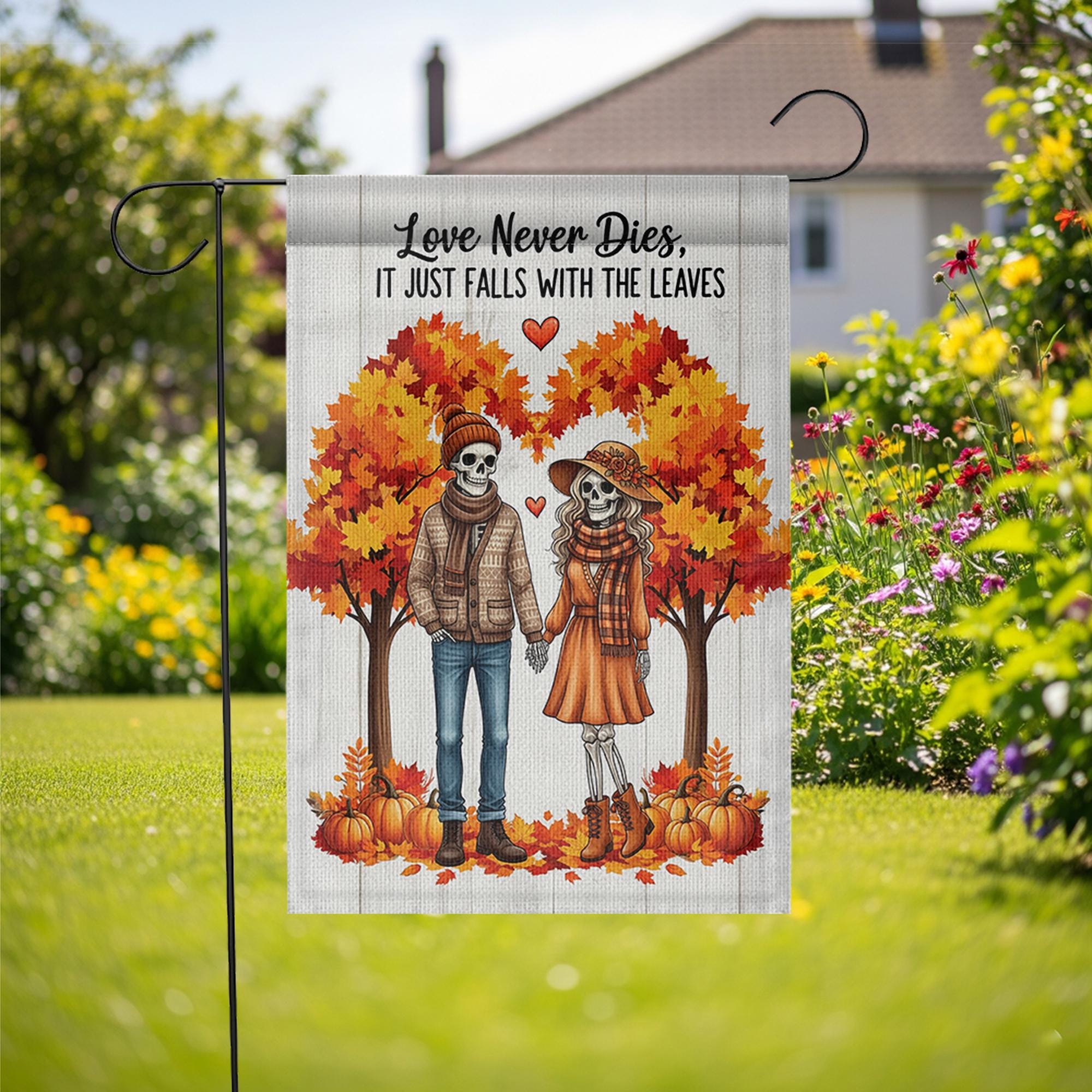 Skeleton Couple Fall Garden Flag | Love Never Dies Autumn Decor | Halloween Romantic Yard Sign | Spooky Fall Outdoor Gift