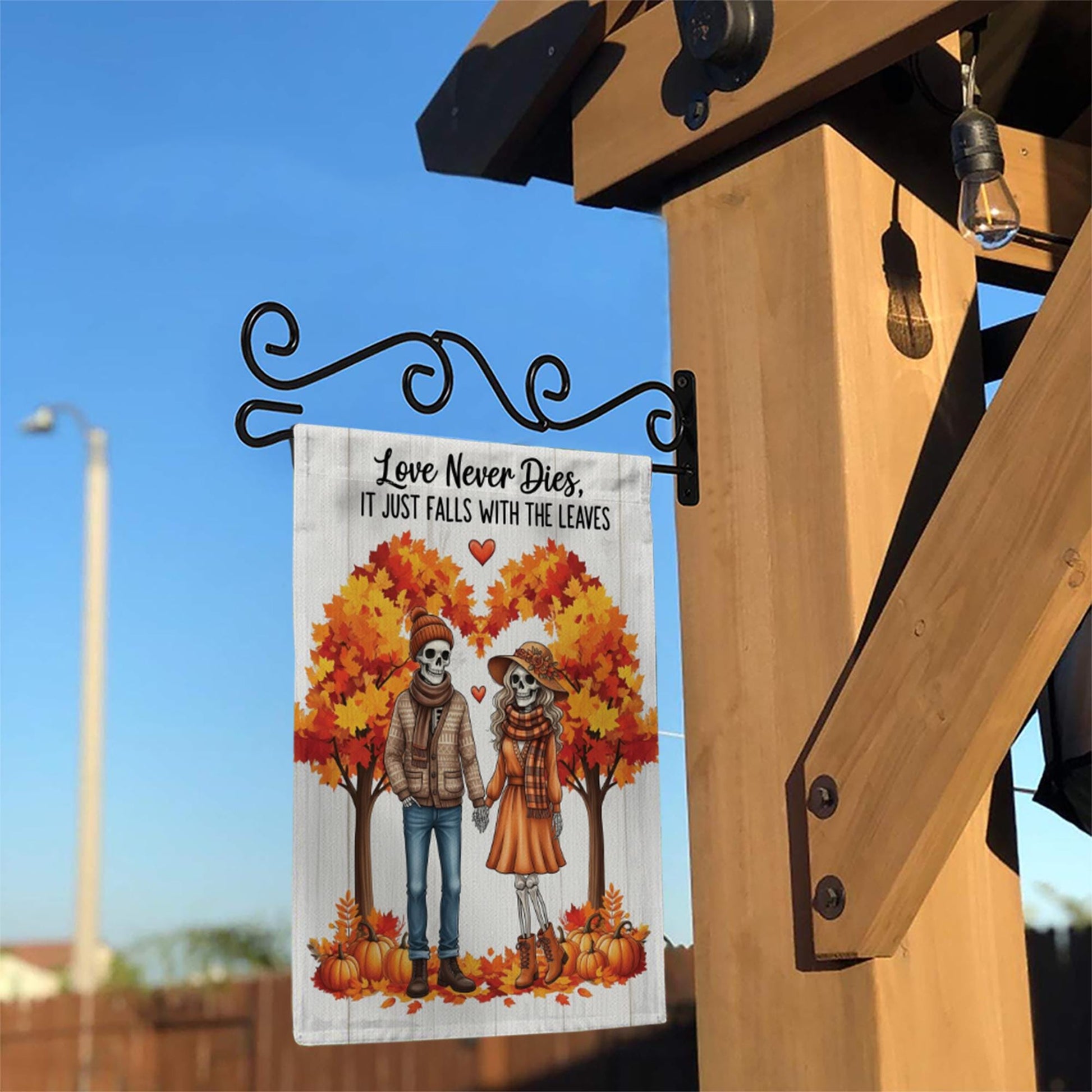 Skeleton Couple Fall Garden Flag | Love Never Dies Autumn Decor | Halloween Romantic Yard Sign | Spooky Fall Outdoor Gift