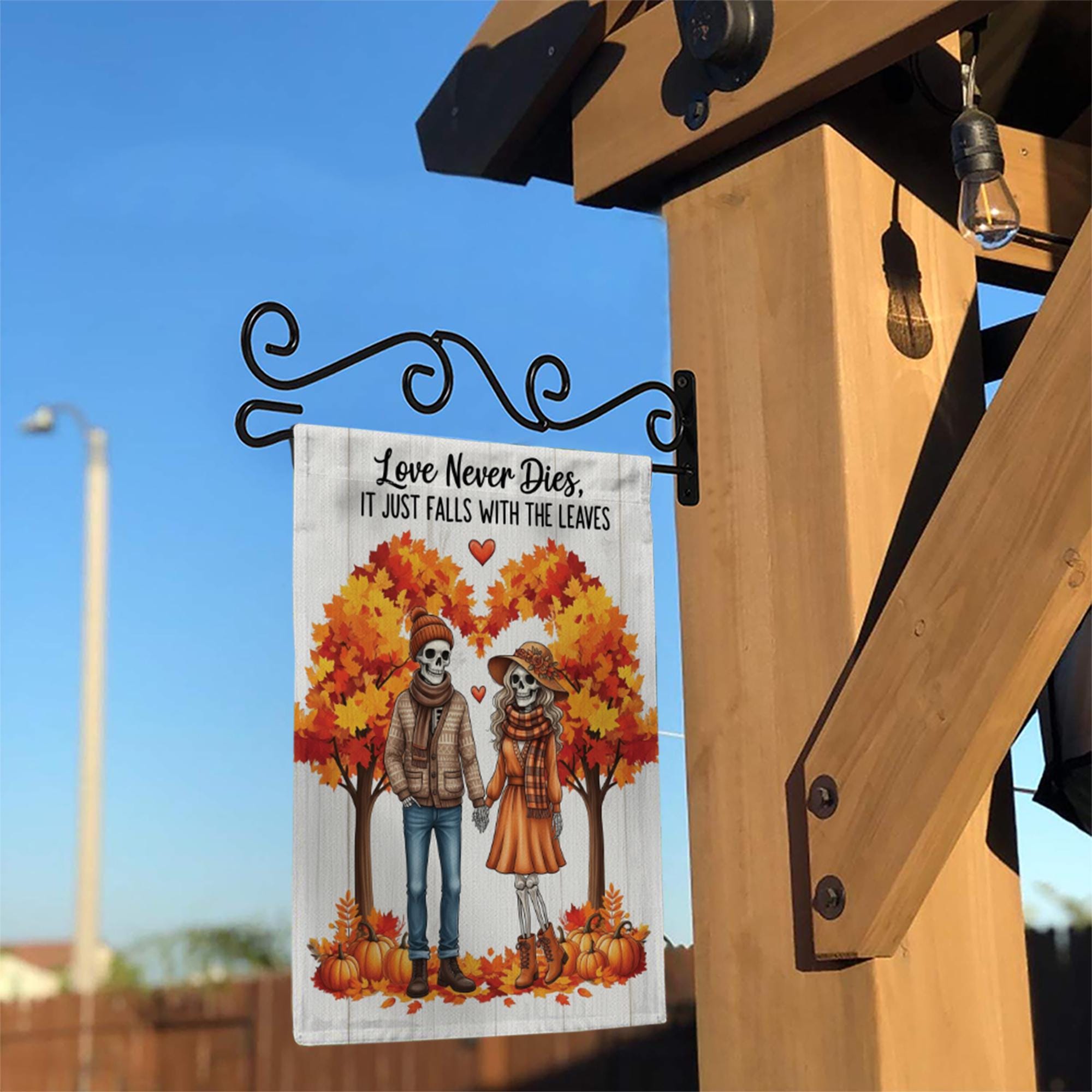 Skeleton Couple Fall Garden Flag | Love Never Dies Autumn Decor | Halloween Romantic Yard Sign | Spooky Fall Outdoor Gift