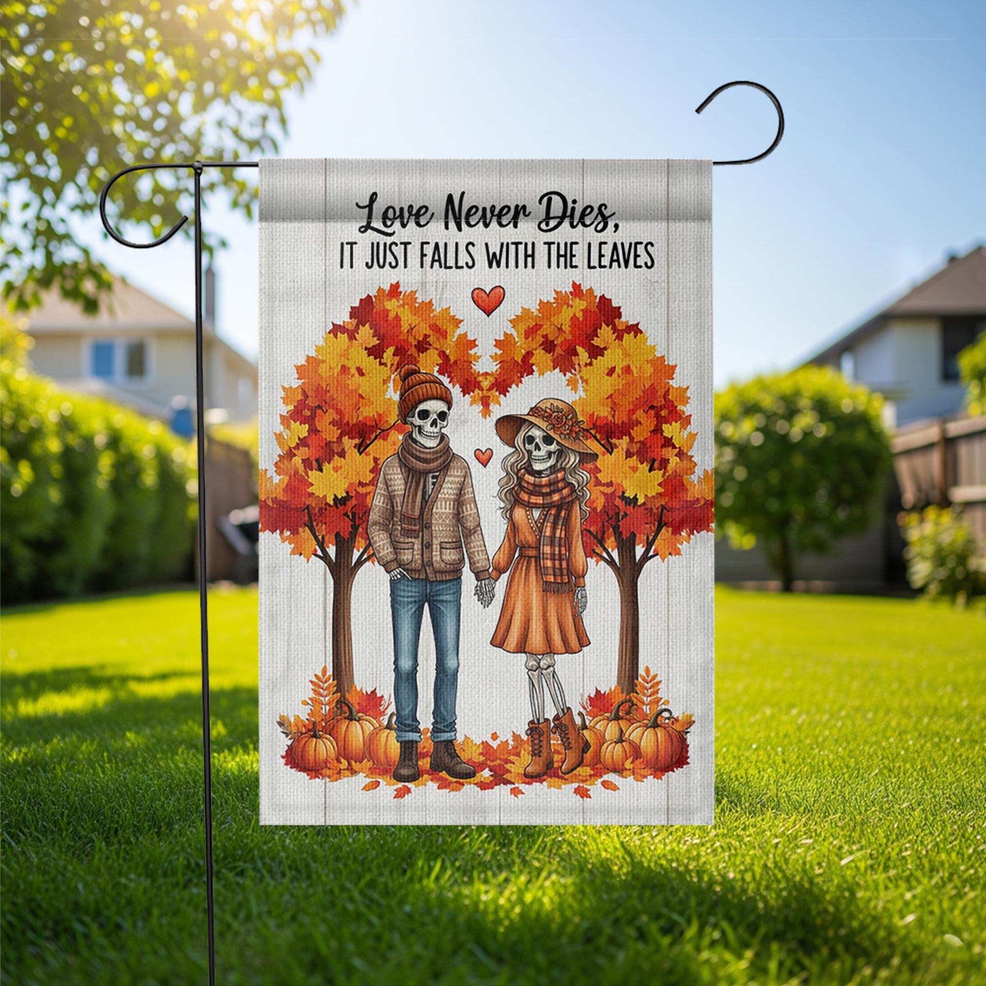 Skeleton Couple Fall Garden Flag | Love Never Dies Autumn Decor | Halloween Romantic Yard Sign | Spooky Fall Outdoor Gift