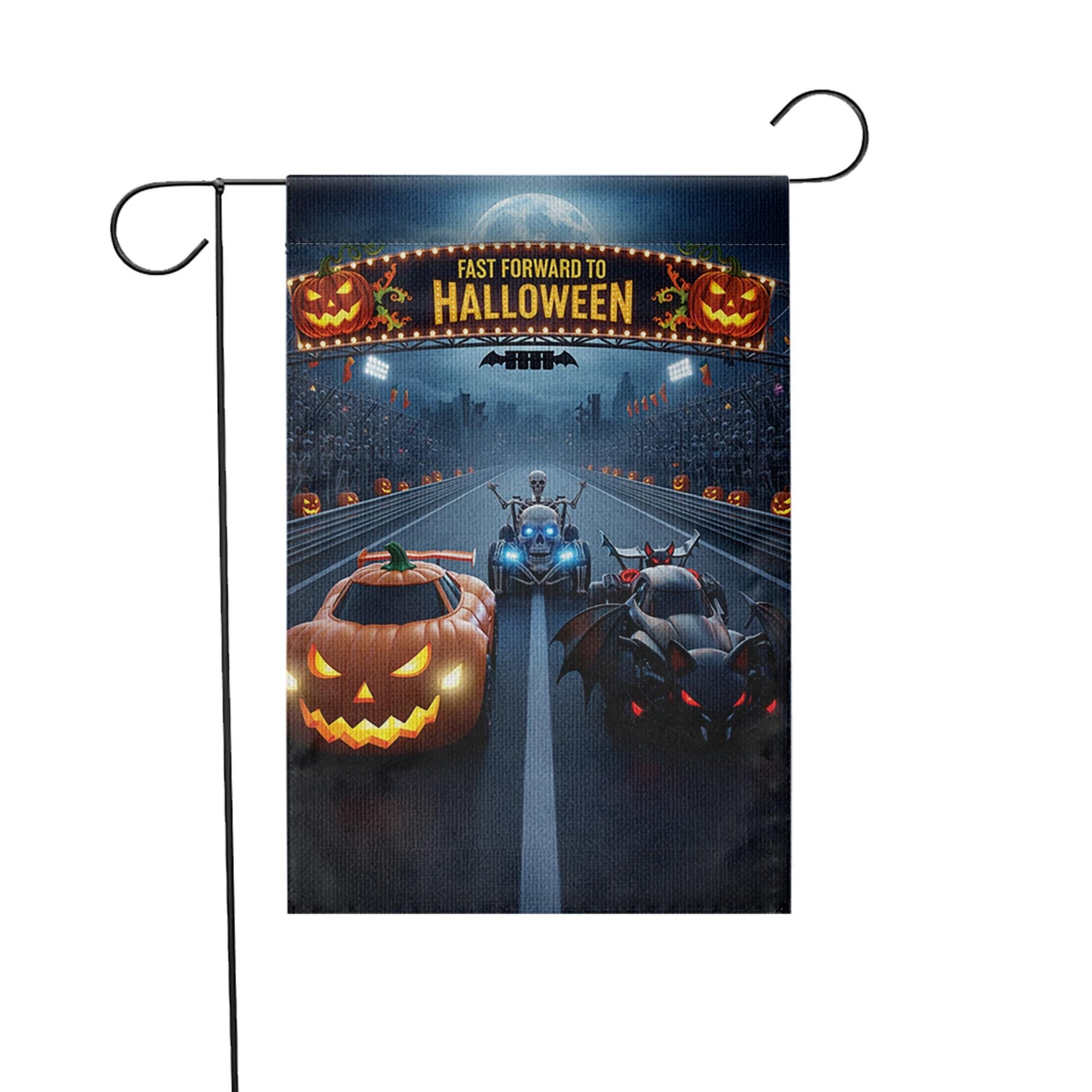 Halloween Racing Garden Flag - Fast Forward to Halloween Banner - Pumpkin & Bat Car Yard Decor - Spooky Outdoor Fall Decoration