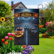 Halloween Racing Garden Flag - Fast Forward to Halloween Banner - Pumpkin & Bat Car Yard Decor - Spooky Outdoor Fall Decoration