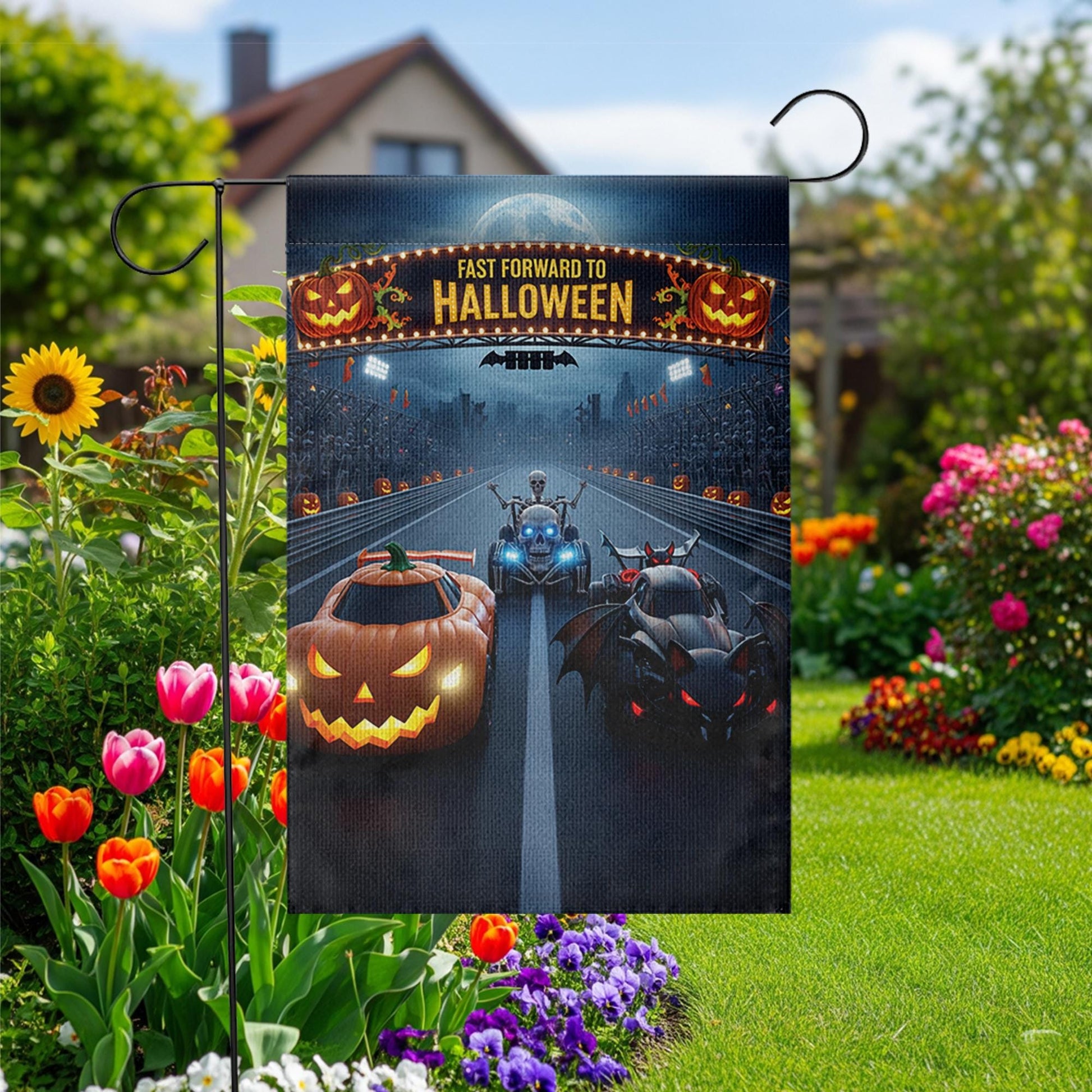 Halloween Racing Garden Flag - Fast Forward to Halloween Banner - Pumpkin & Bat Car Yard Decor - Spooky Outdoor Fall Decoration