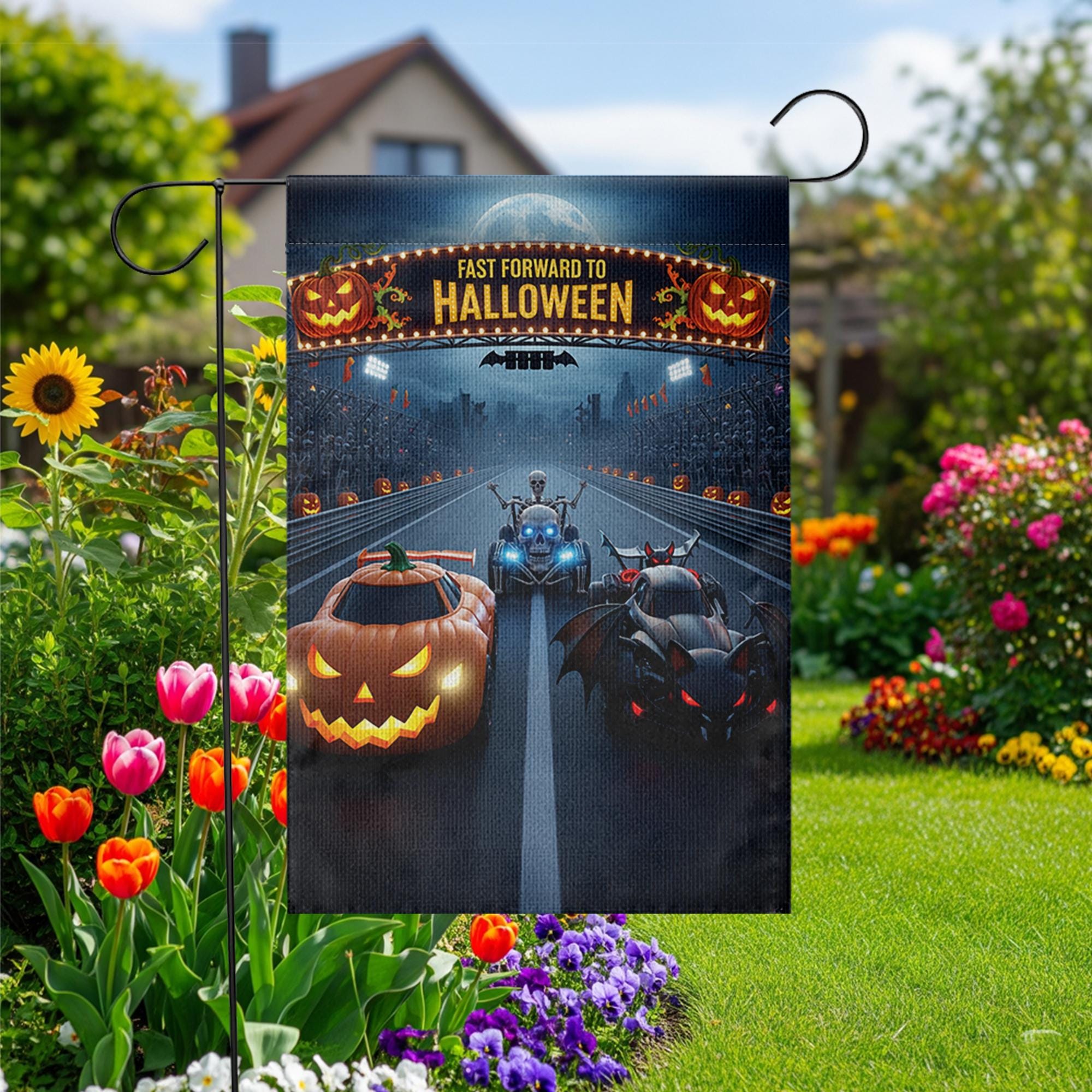 Halloween Racing Garden Flag - Fast Forward to Halloween Banner - Pumpkin & Bat Car Yard Decor - Spooky Outdoor Fall Decoration