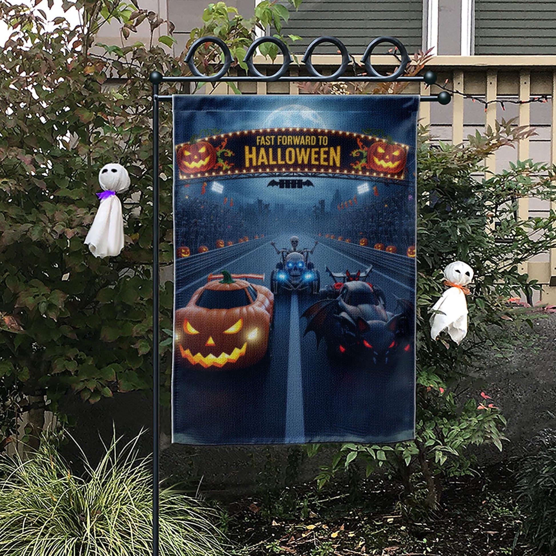 Halloween Racing Garden Flag - Fast Forward to Halloween Banner - Pumpkin & Bat Car Yard Decor - Spooky Outdoor Fall Decoration