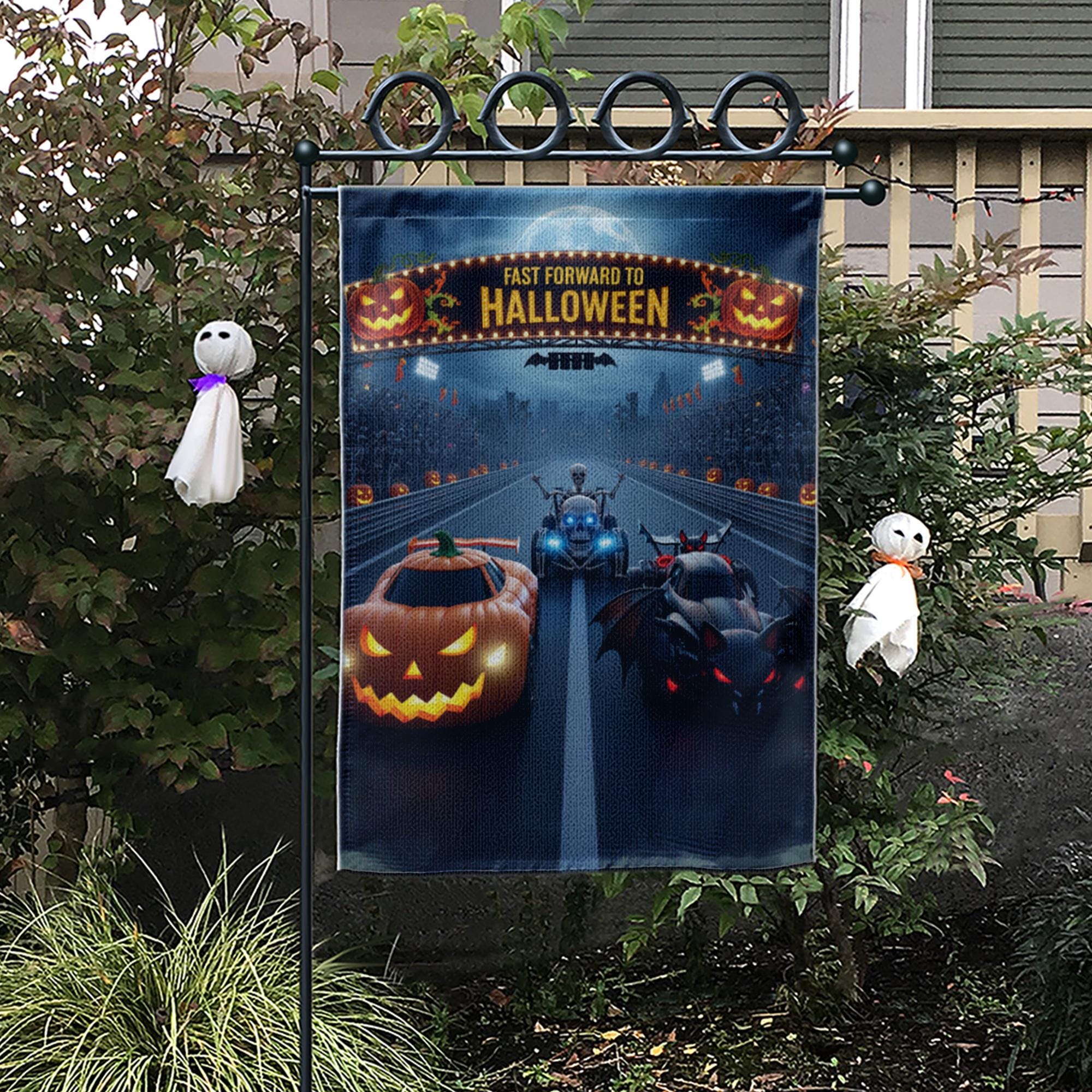 Halloween Racing Garden Flag - Fast Forward to Halloween Banner - Pumpkin & Bat Car Yard Decor - Spooky Outdoor Fall Decoration