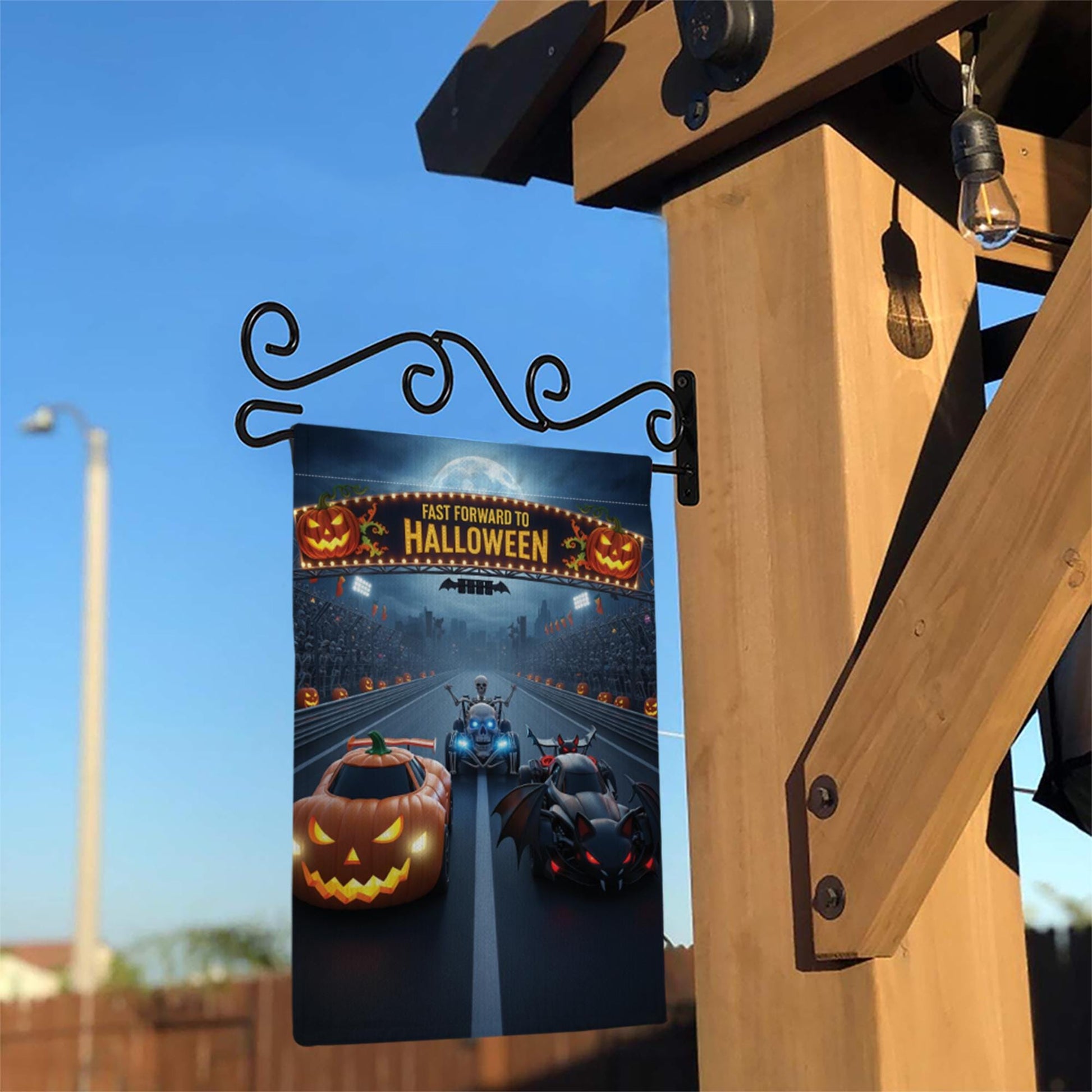 Halloween Racing Garden Flag - Fast Forward to Halloween Banner - Pumpkin & Bat Car Yard Decor - Spooky Outdoor Fall Decoration