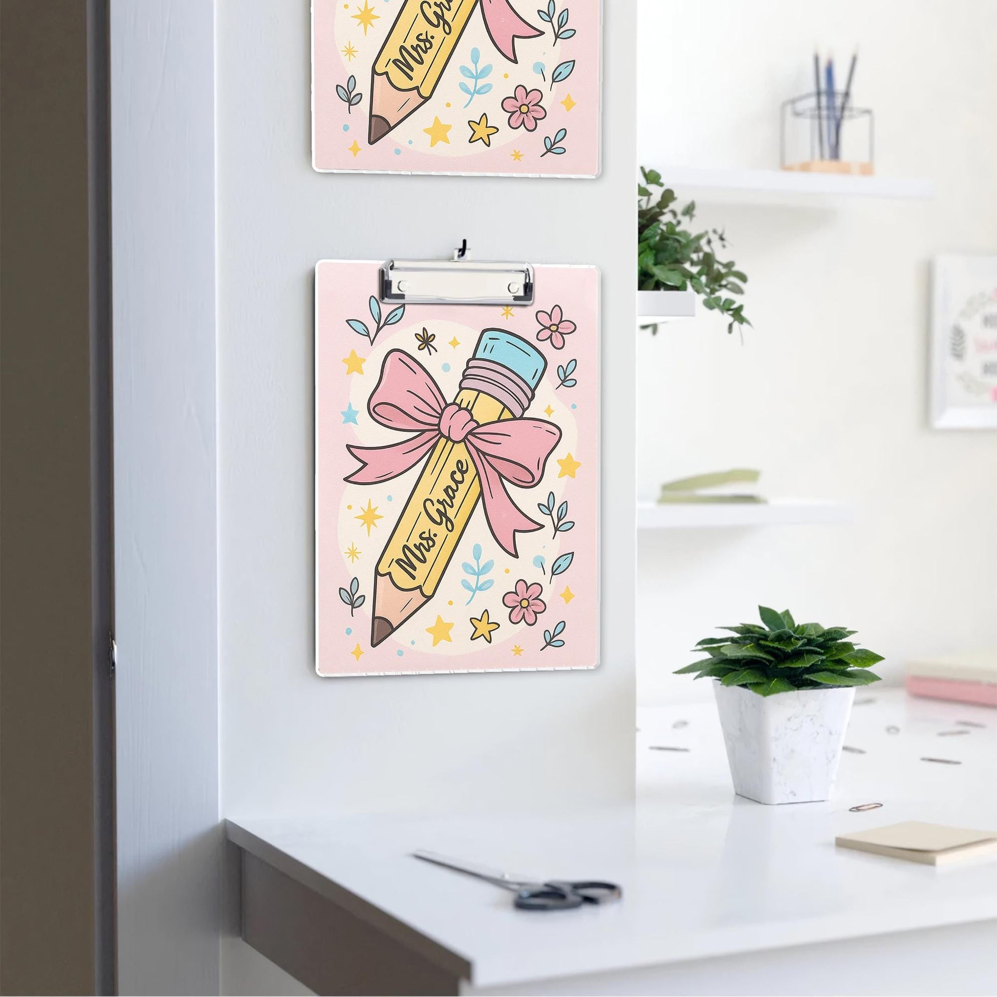 Custom Coquette Teacher Clipboard, Personalized Pink Pencil Back to School Gift, Cute Floral Office Supply, Name Clipboard for Class