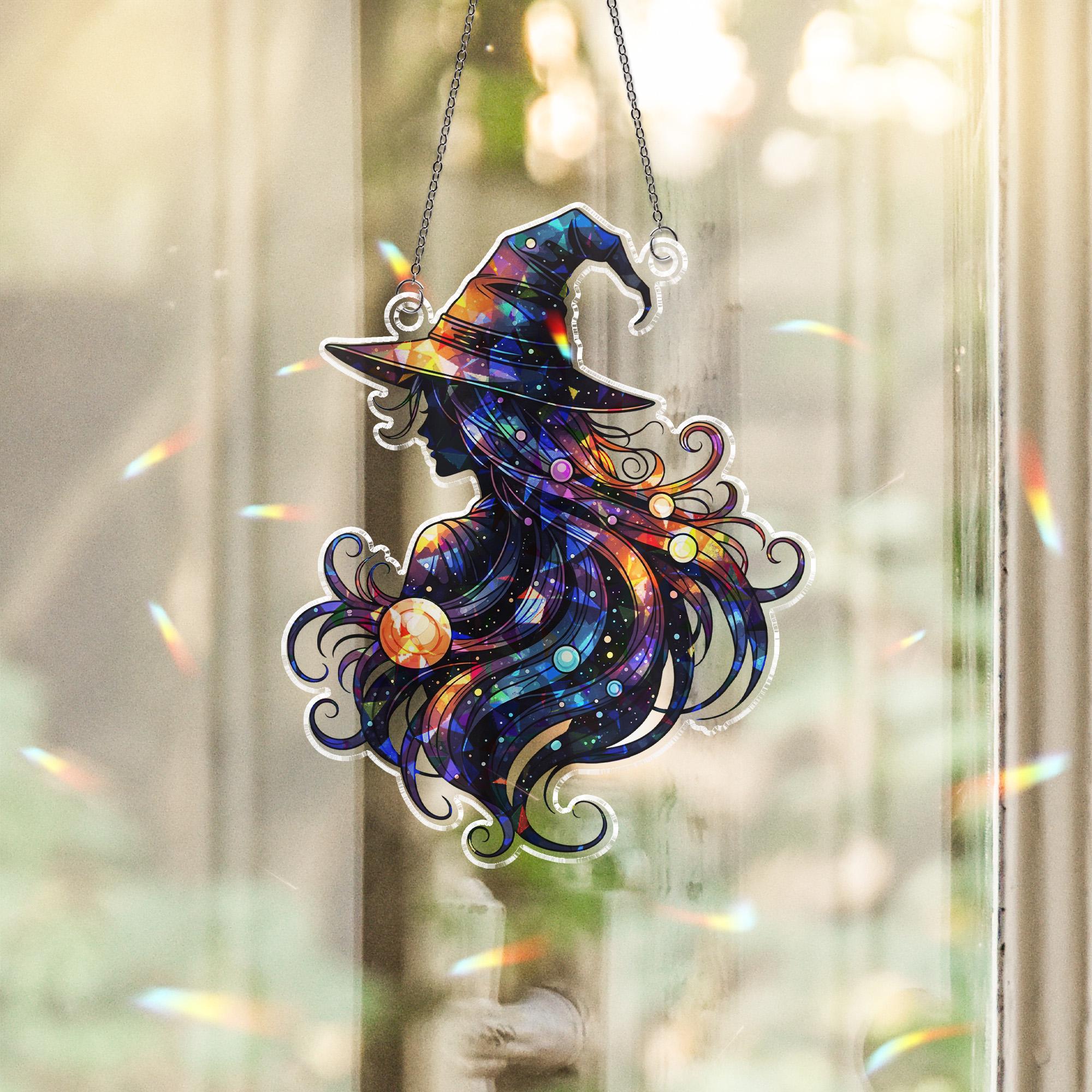 Galaxy Witch Suncatcher | Cosmic Witch Window Decor | Celestial Halloween Gift | Mystical Stained Glass Style Ornament