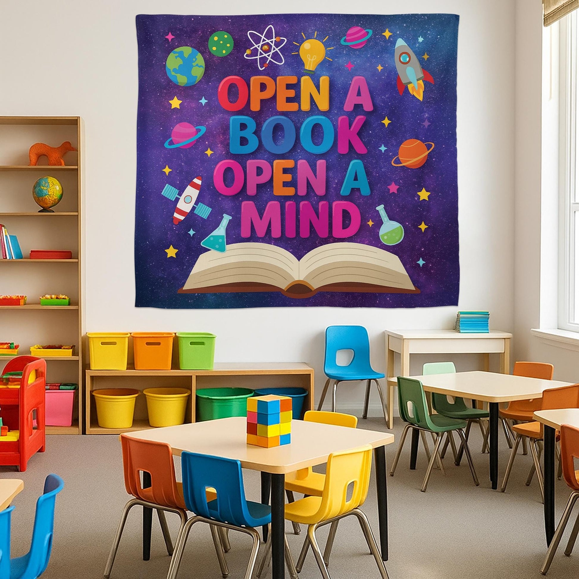 Open a Book Open a Mind Tapestry Banner – Galaxy Theme Library Wall Decor, Classroom Reading Poster for Kids, Teachers, Book Corners, School