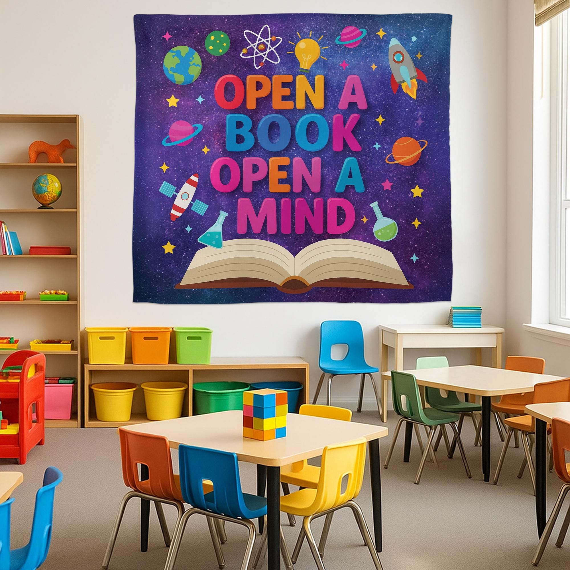 Open a Book Open a Mind Tapestry Banner – Galaxy Theme Library Wall Decor, Classroom Reading Poster for Kids, Teachers, Book Corners, School