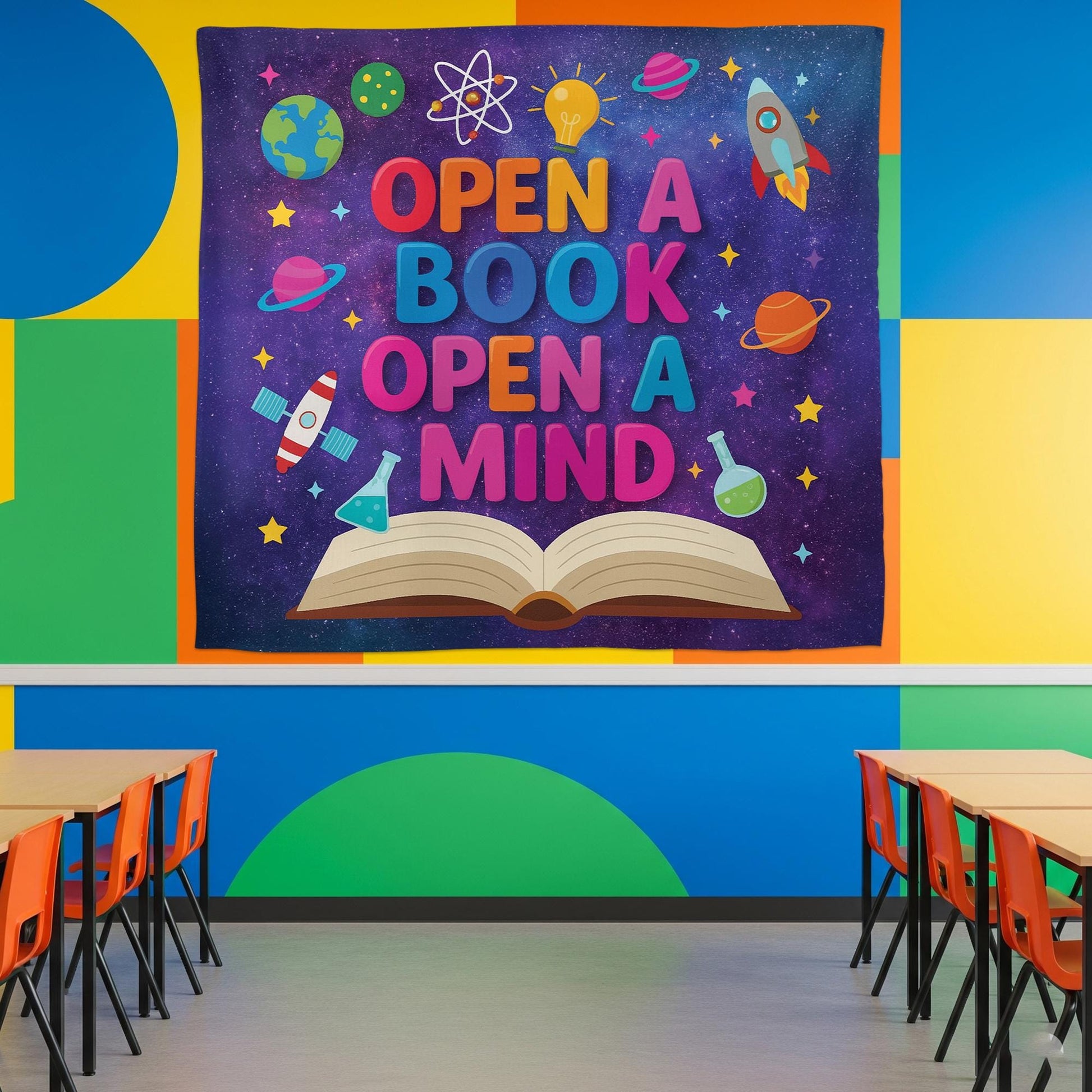 Open a Book Open a Mind Tapestry Banner – Galaxy Theme Library Wall Decor, Classroom Reading Poster for Kids, Teachers, Book Corners, School