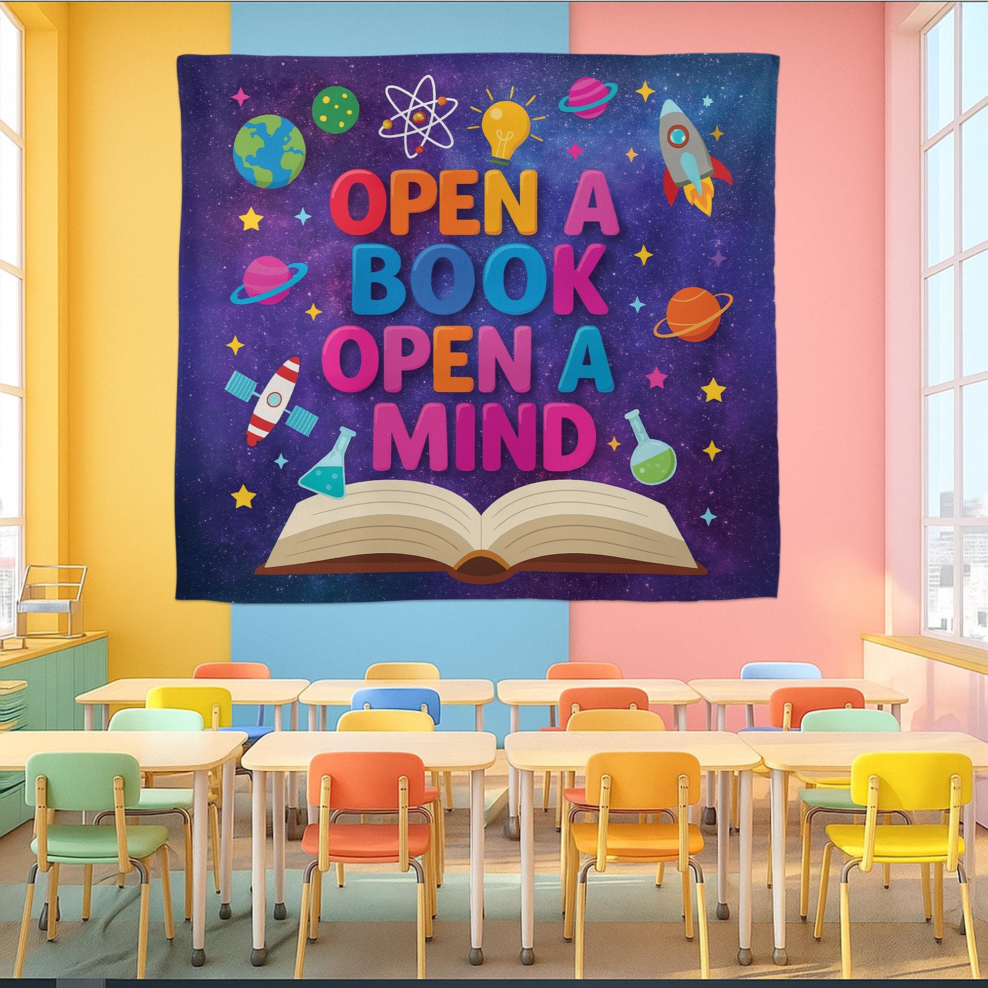 Open a Book Open a Mind Tapestry Banner – Galaxy Theme Library Wall Decor, Classroom Reading Poster for Kids, Teachers, Book Corners, School