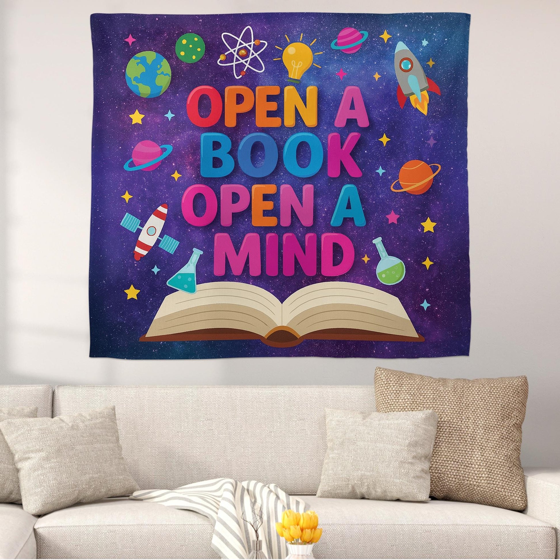 Open a Book Open a Mind Tapestry Banner – Galaxy Theme Library Wall Decor, Classroom Reading Poster for Kids, Teachers, Book Corners, School