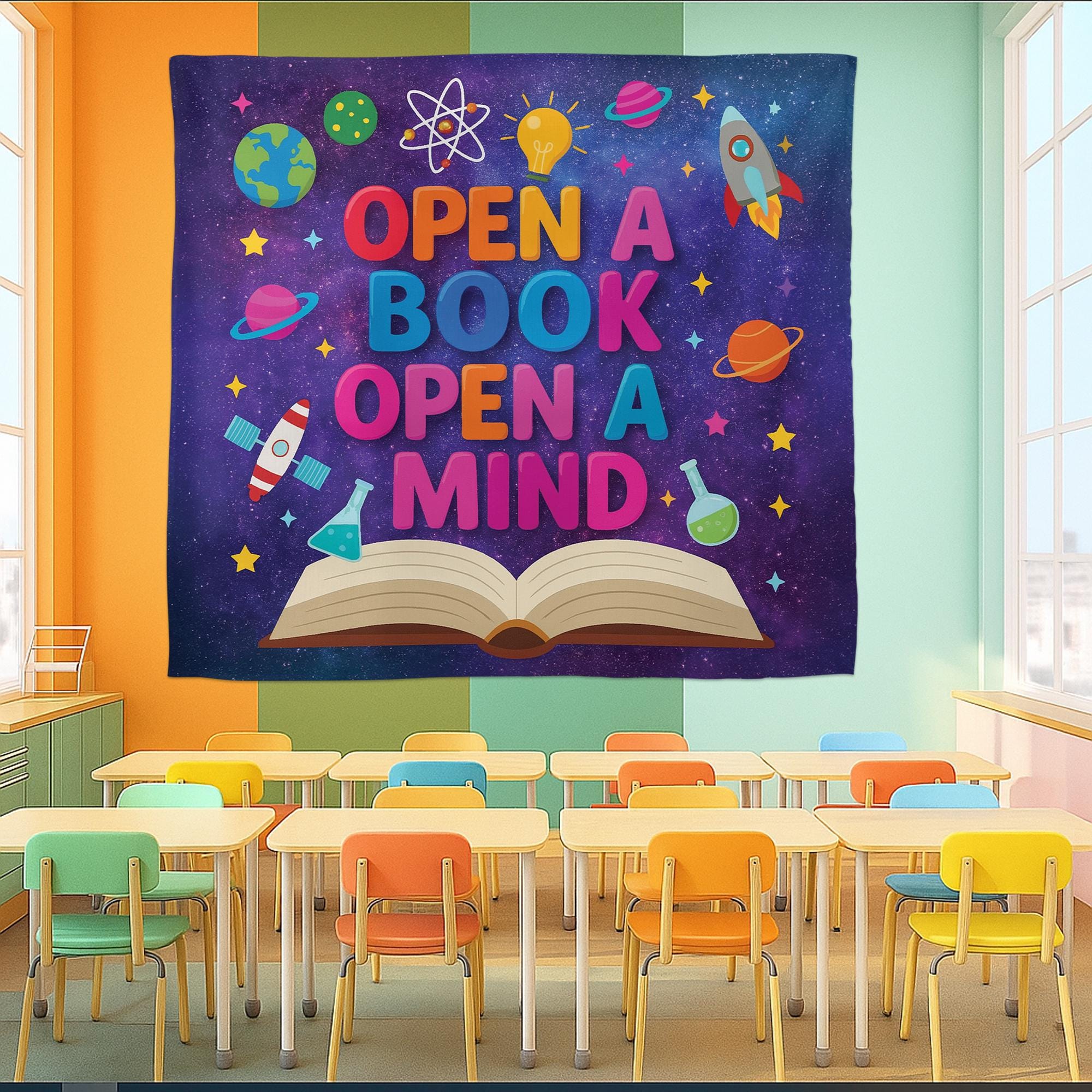 Open a Book Open a Mind Tapestry Banner – Galaxy Theme Library Wall Decor, Classroom Reading Poster for Kids, Teachers, Book Corners, School