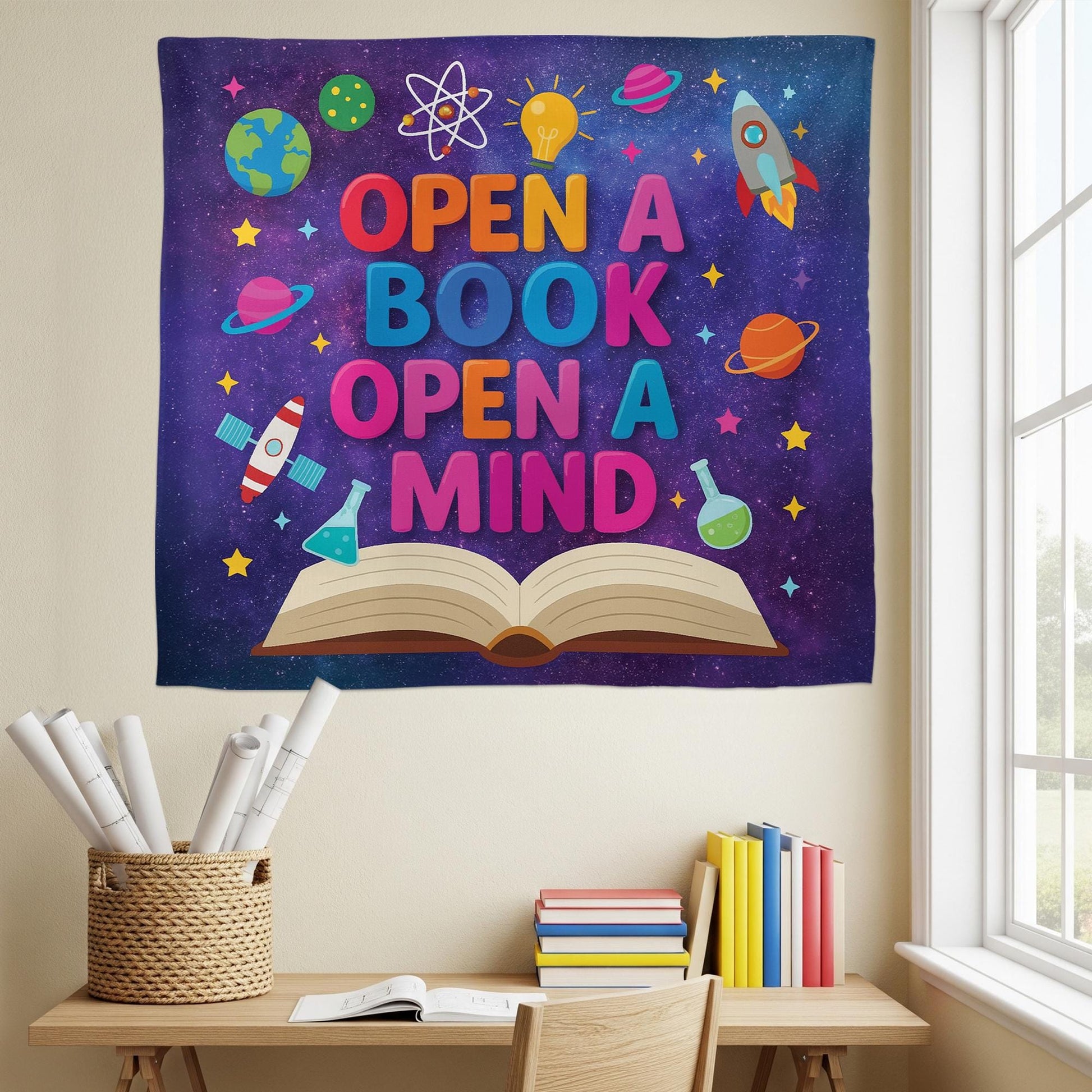 Open a Book Open a Mind Tapestry Banner – Galaxy Theme Library Wall Decor, Classroom Reading Poster for Kids, Teachers, Book Corners, School