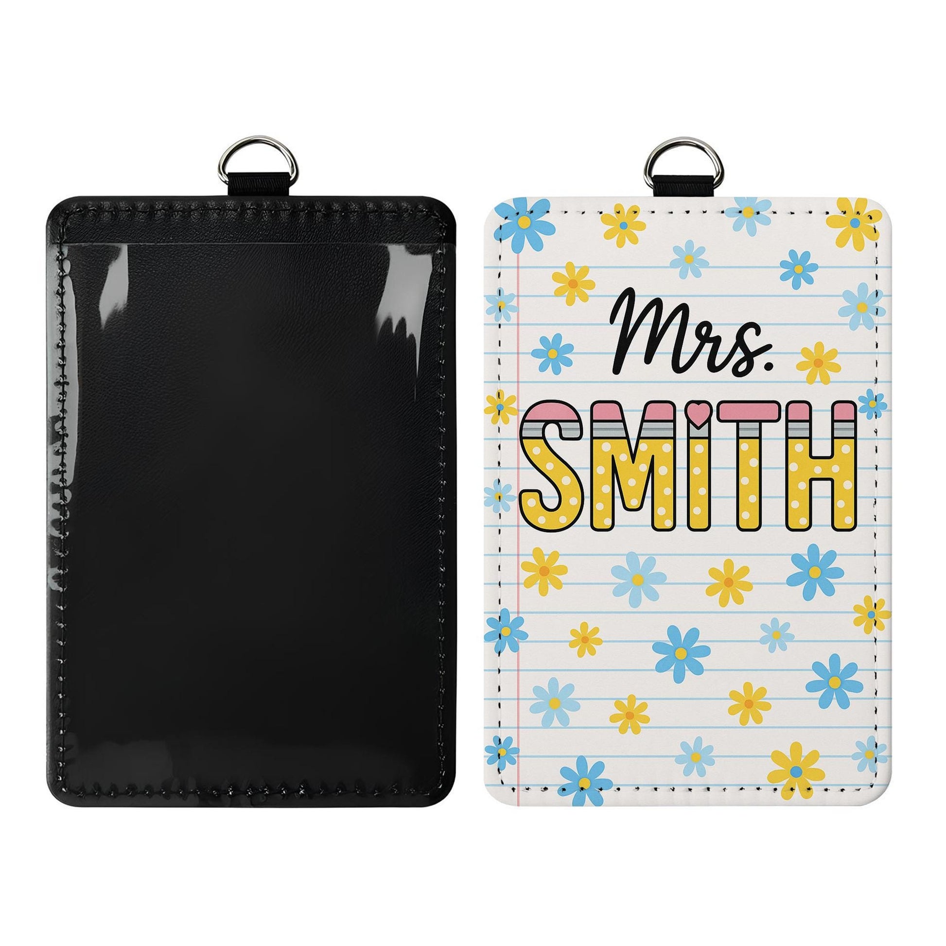 Personalized Teacher Badge Holder, Custom Name ID Tag, Floral Leather Lanyard, Cute Classroom Accessory, Back to School Gift