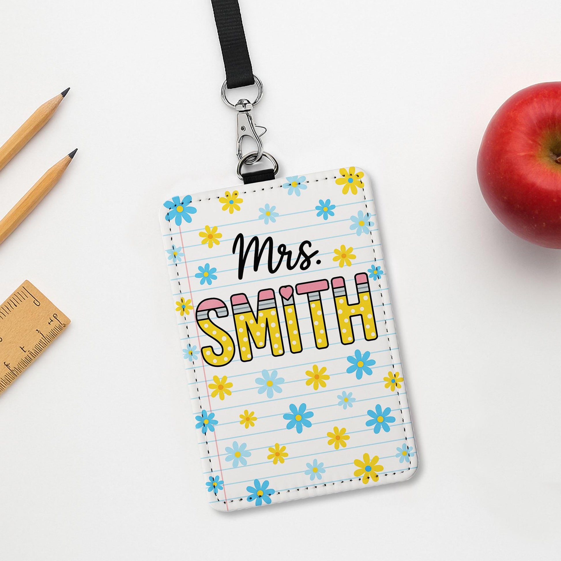 Personalized Teacher Badge Holder, Custom Name ID Tag, Floral Leather Lanyard, Cute Classroom Accessory, Back to School Gift