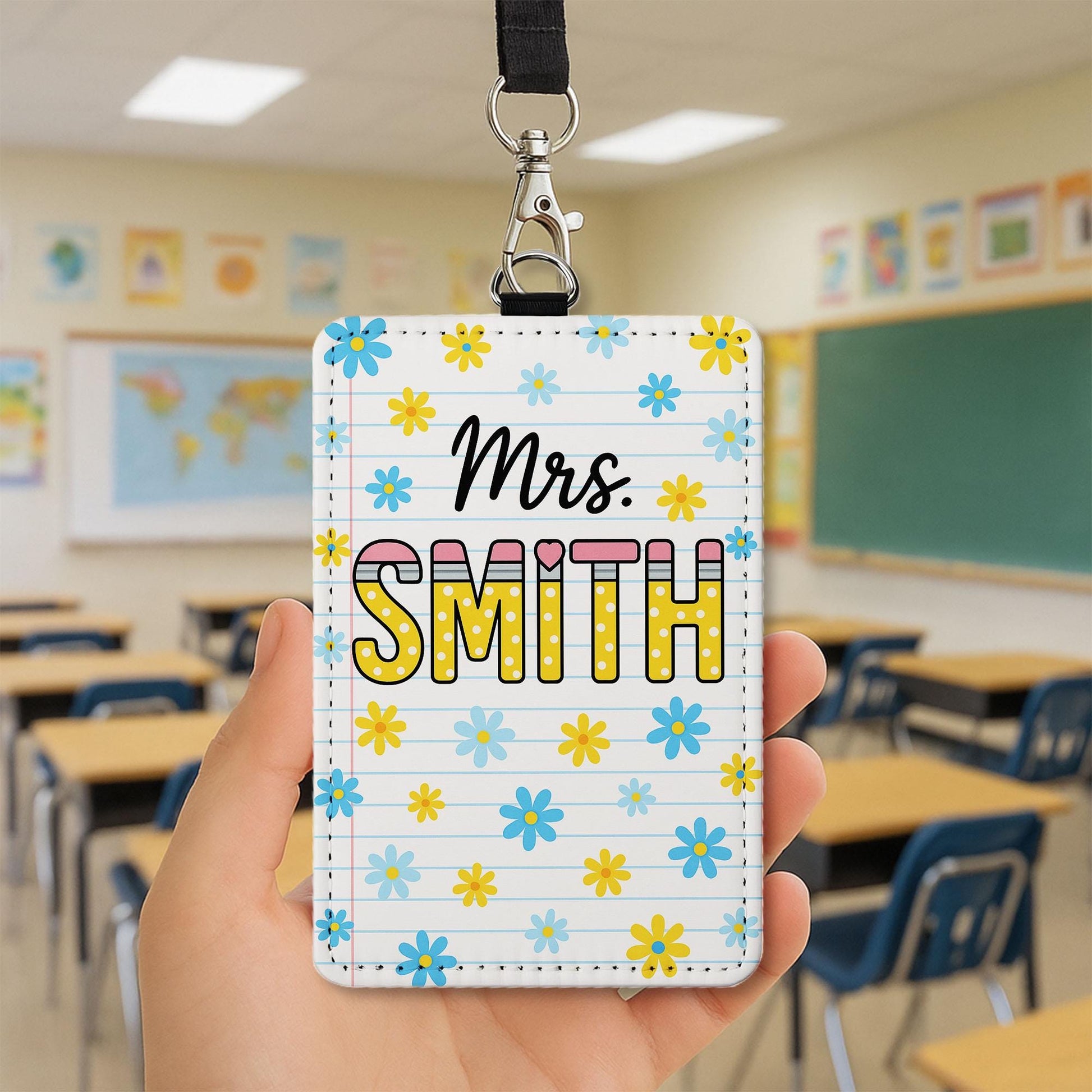 Personalized Teacher Badge Holder, Custom Name ID Tag, Floral Leather Lanyard, Cute Classroom Accessory, Back to School Gift