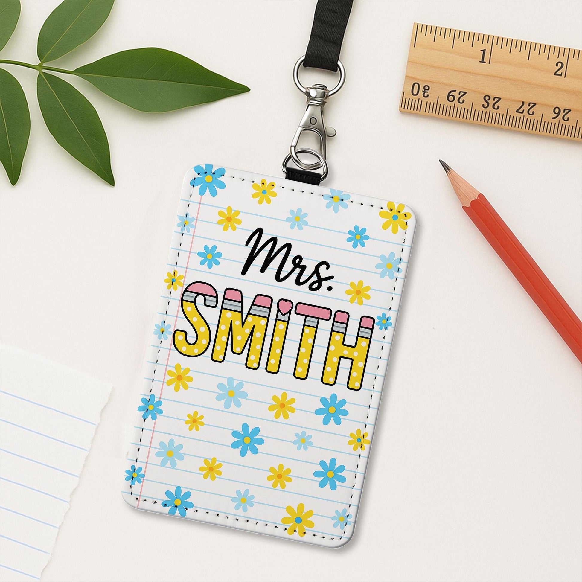 Personalized Teacher Badge Holder, Custom Name ID Tag, Floral Leather Lanyard, Cute Classroom Accessory, Back to School Gift