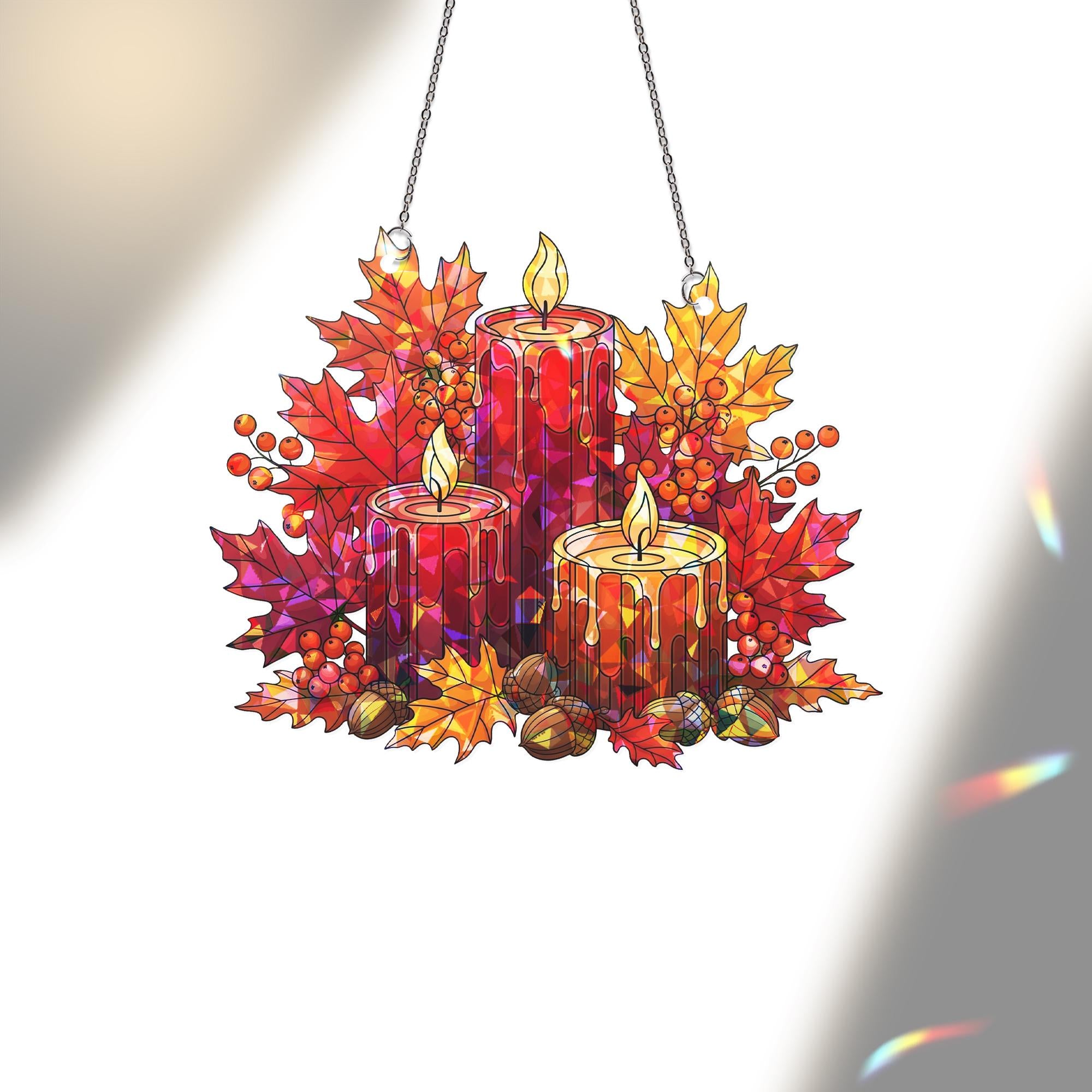 Fall Candle Suncatcher | Autumn Maple Leaf Window Decor | Thanksgiving Stained Glass Style Hanging | Cozy Fall Home Accent
