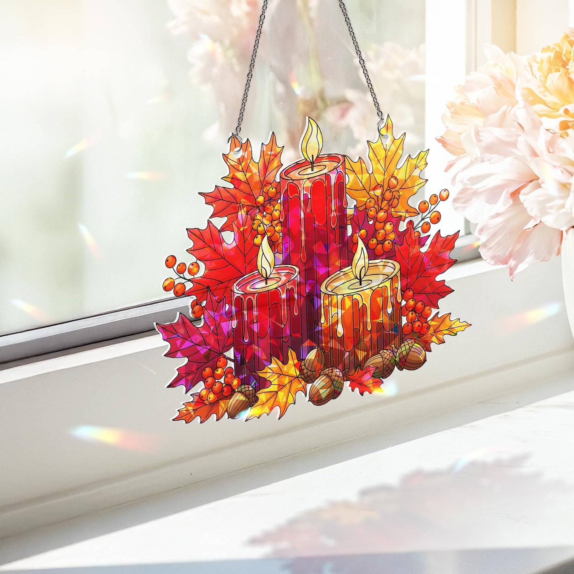 Fall Candle Suncatcher | Autumn Maple Leaf Window Decor | Thanksgiving Stained Glass Style Hanging | Cozy Fall Home Accent
