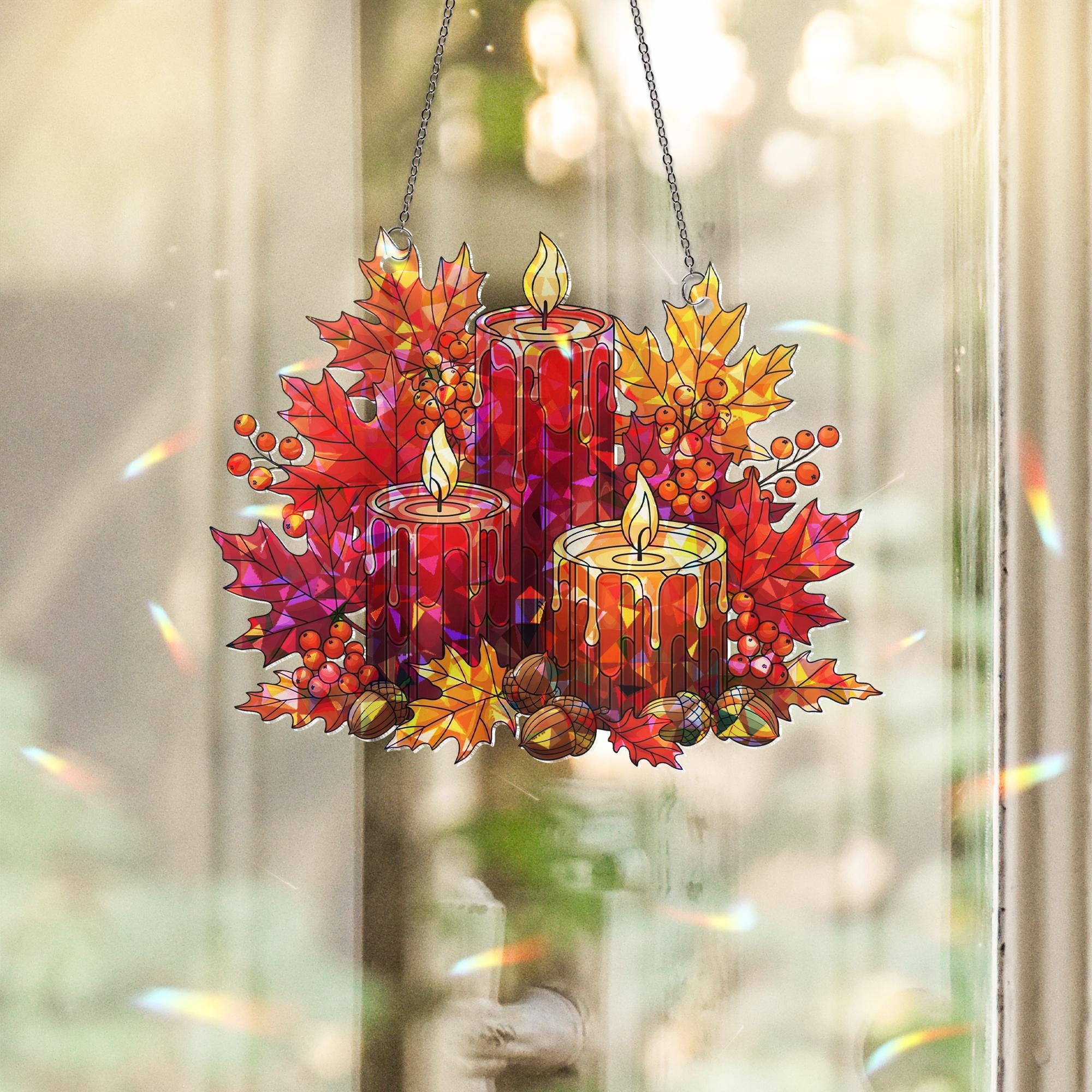 Fall Candle Suncatcher | Autumn Maple Leaf Window Decor | Thanksgiving Stained Glass Style Hanging | Cozy Fall Home Accent