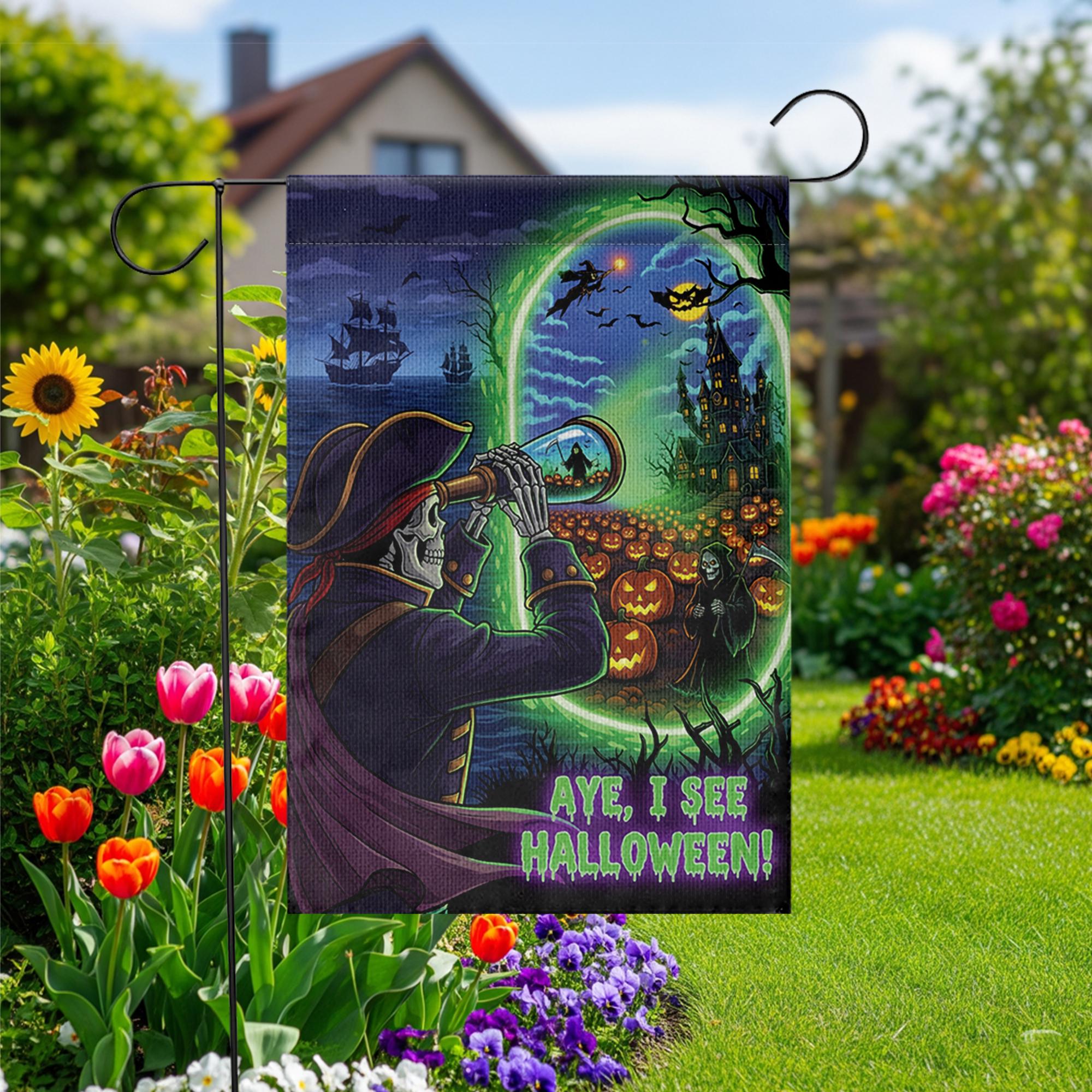 Pirate Halloween Garden Flag | Skeleton Aye I See Halloween Decor | Spooky Nautical Yard Sign | Funny Fall Outdoor Flag