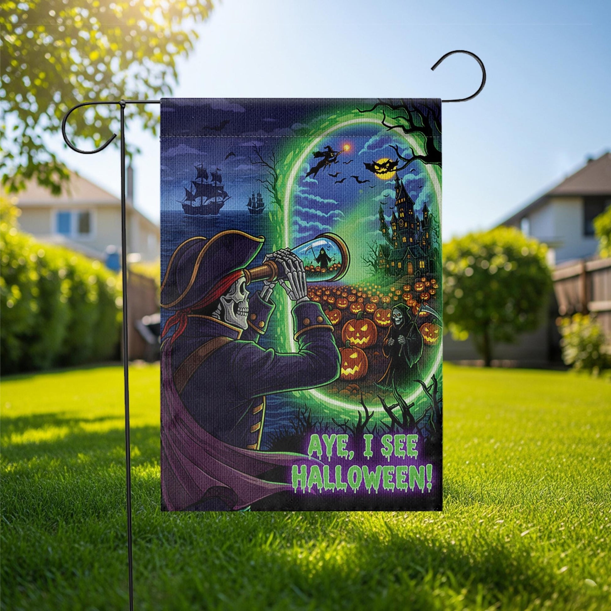 Pirate Halloween Garden Flag | Skeleton Aye I See Halloween Decor | Spooky Nautical Yard Sign | Funny Fall Outdoor Flag