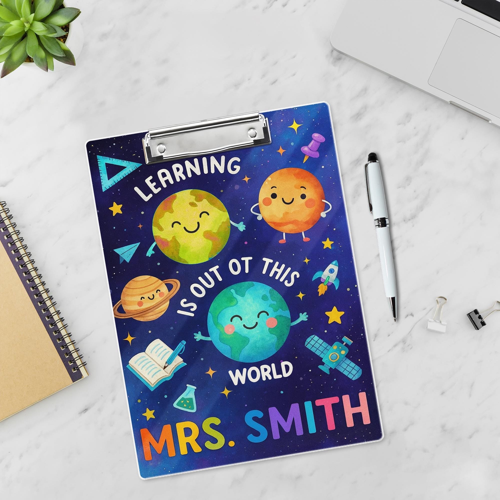 Personalized Space Theme Teacher Clipboard – Learning Is Out of This World – Custom Name Back to School Gift for Teachers, School Supplies