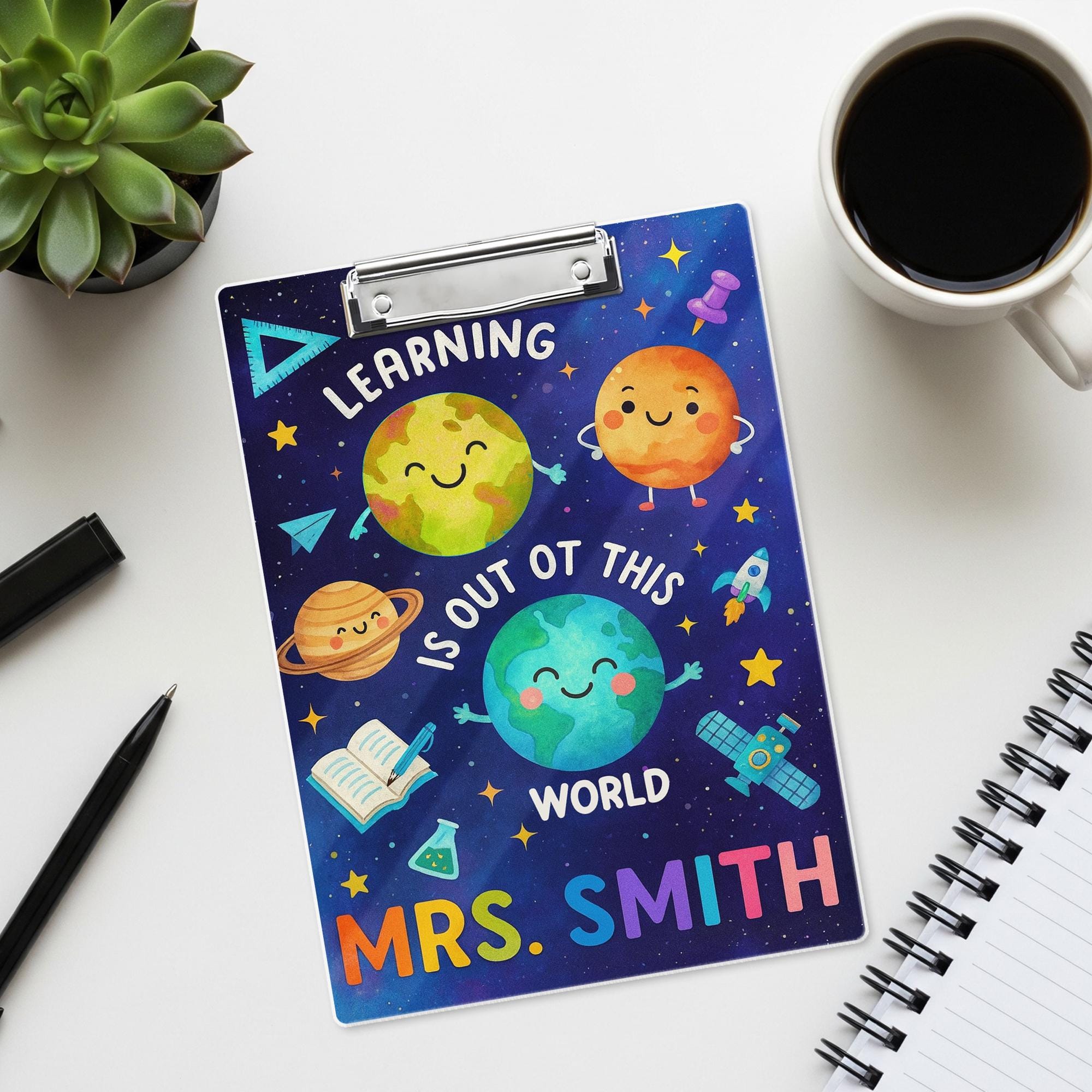 Personalized Space Theme Teacher Clipboard – Learning Is Out of This World – Custom Name Back to School Gift for Teachers, School Supplies