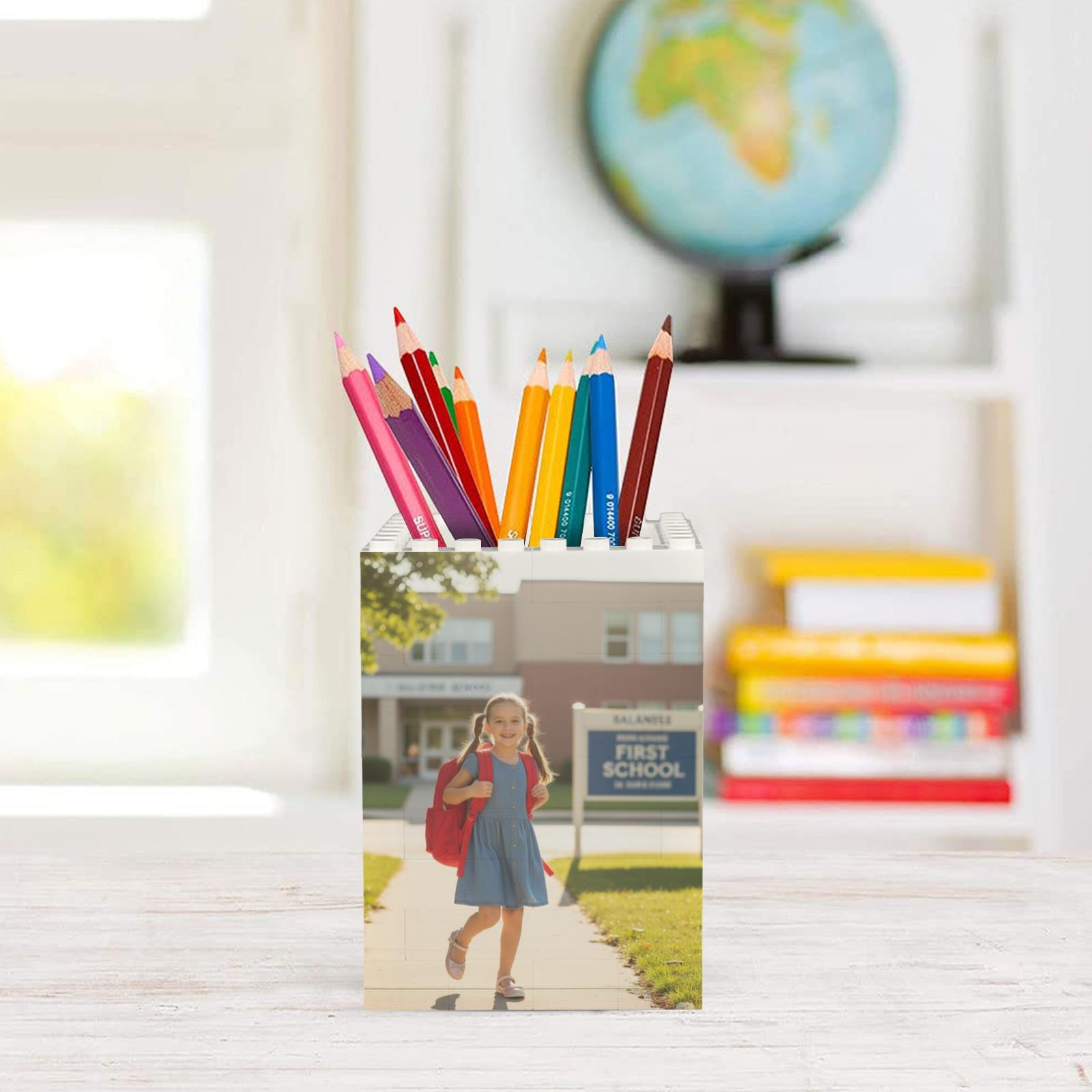 Custom Photo Pencil Holder, Kid First Day of School Keepsake, Brick Pen Organizer, Personalized Desk Gift for , Student, Photo Brick Pen Pot