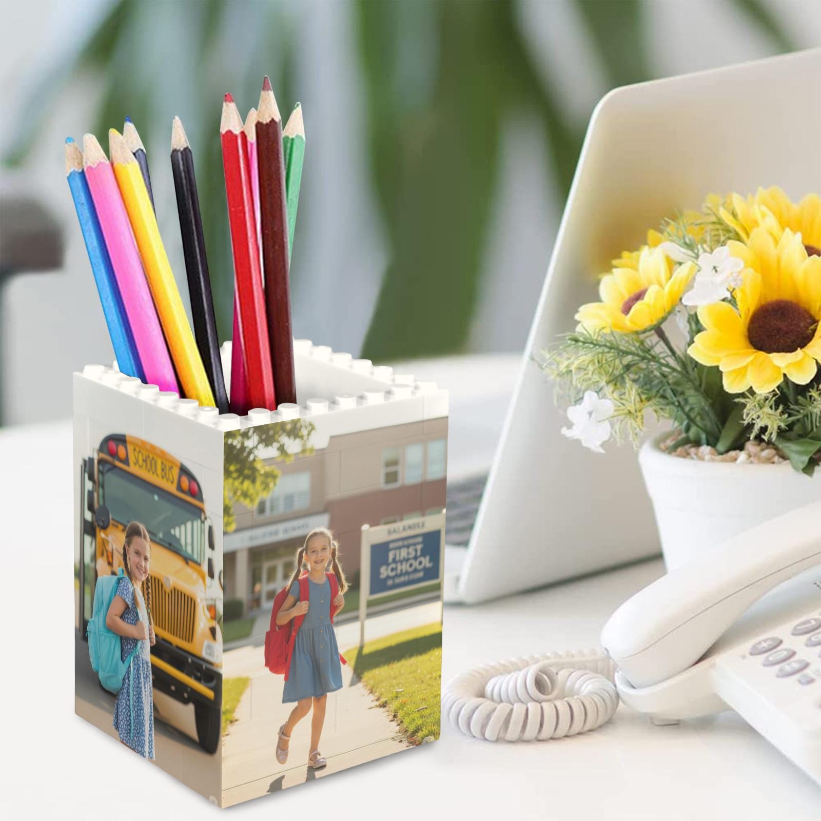 Custom Photo Pencil Holder, Kid First Day of School Keepsake, Brick Pen Organizer, Personalized Desk Gift for , Student, Photo Brick Pen Pot