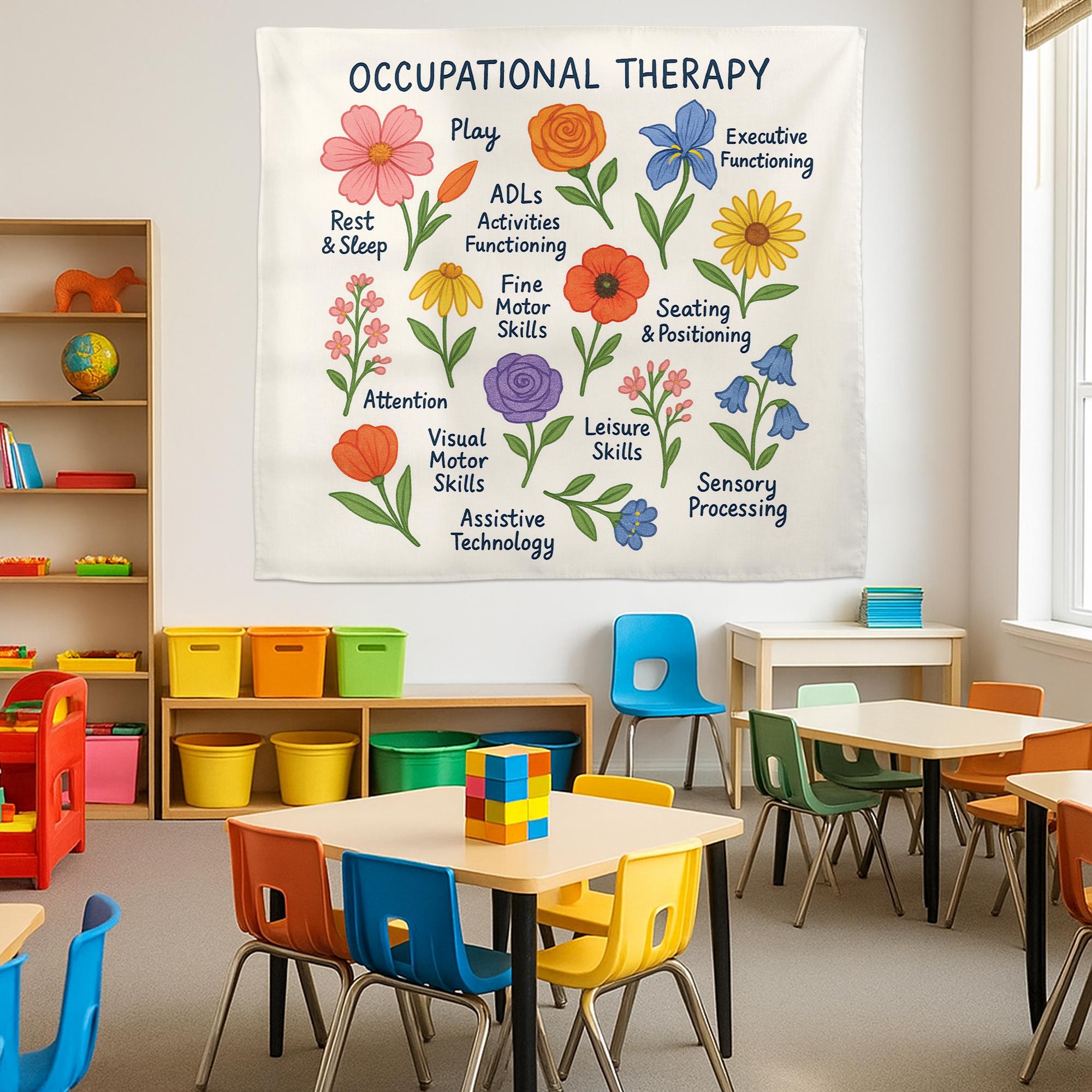 Occupational Therapy Tapestry, OT Office Wall Art, Colorful Therapist Decor, Educational Flower Poster, Pediatric OT Gift