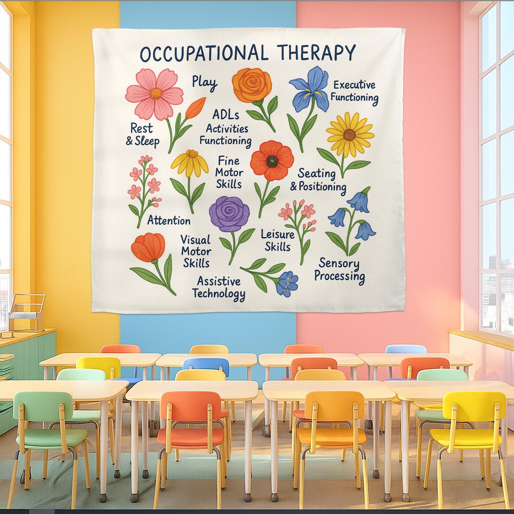 Occupational Therapy Tapestry, OT Office Wall Art, Colorful Therapist Decor, Educational Flower Poster, Pediatric OT Gift
