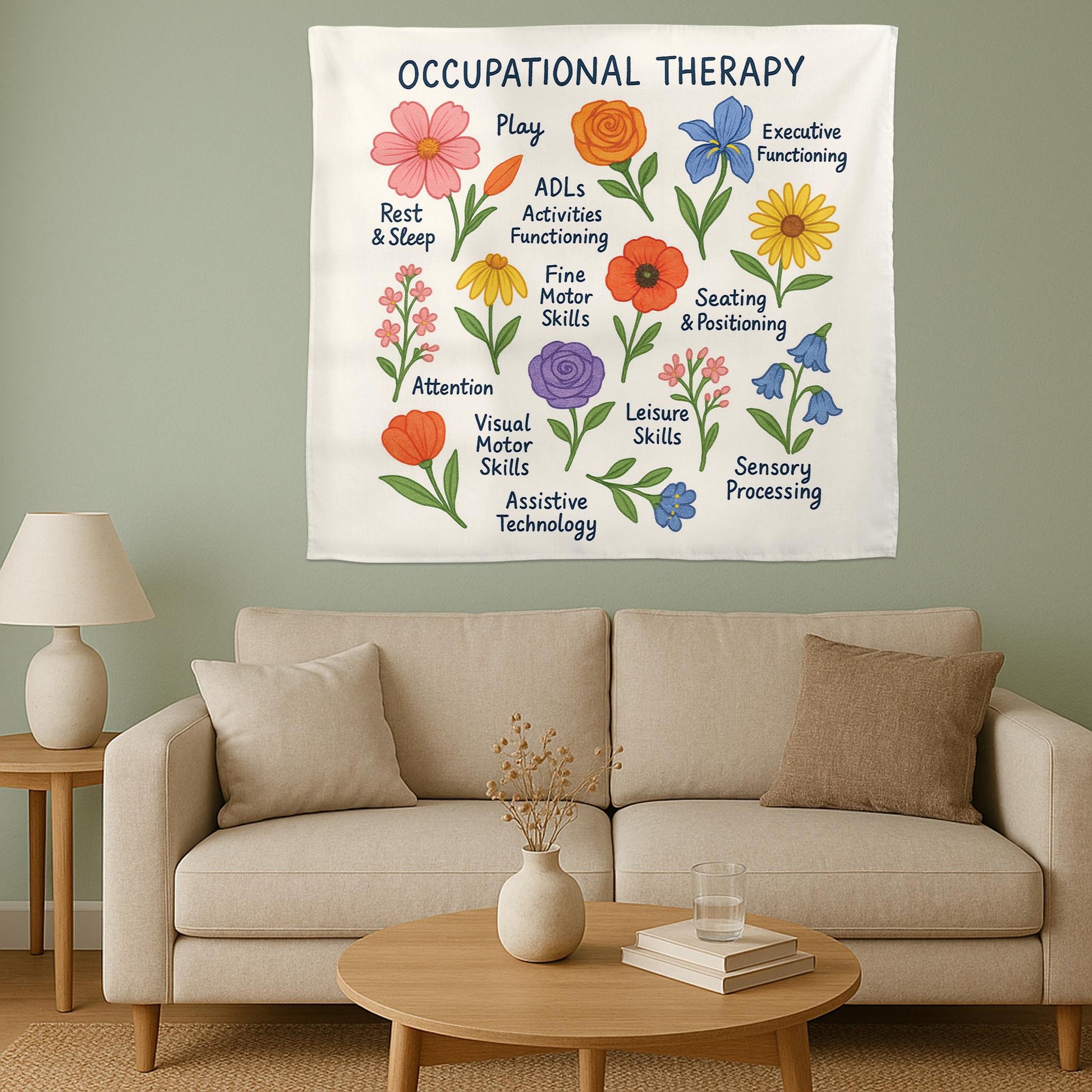 Occupational Therapy Tapestry, OT Office Wall Art, Colorful Therapist Decor, Educational Flower Poster, Pediatric OT Gift