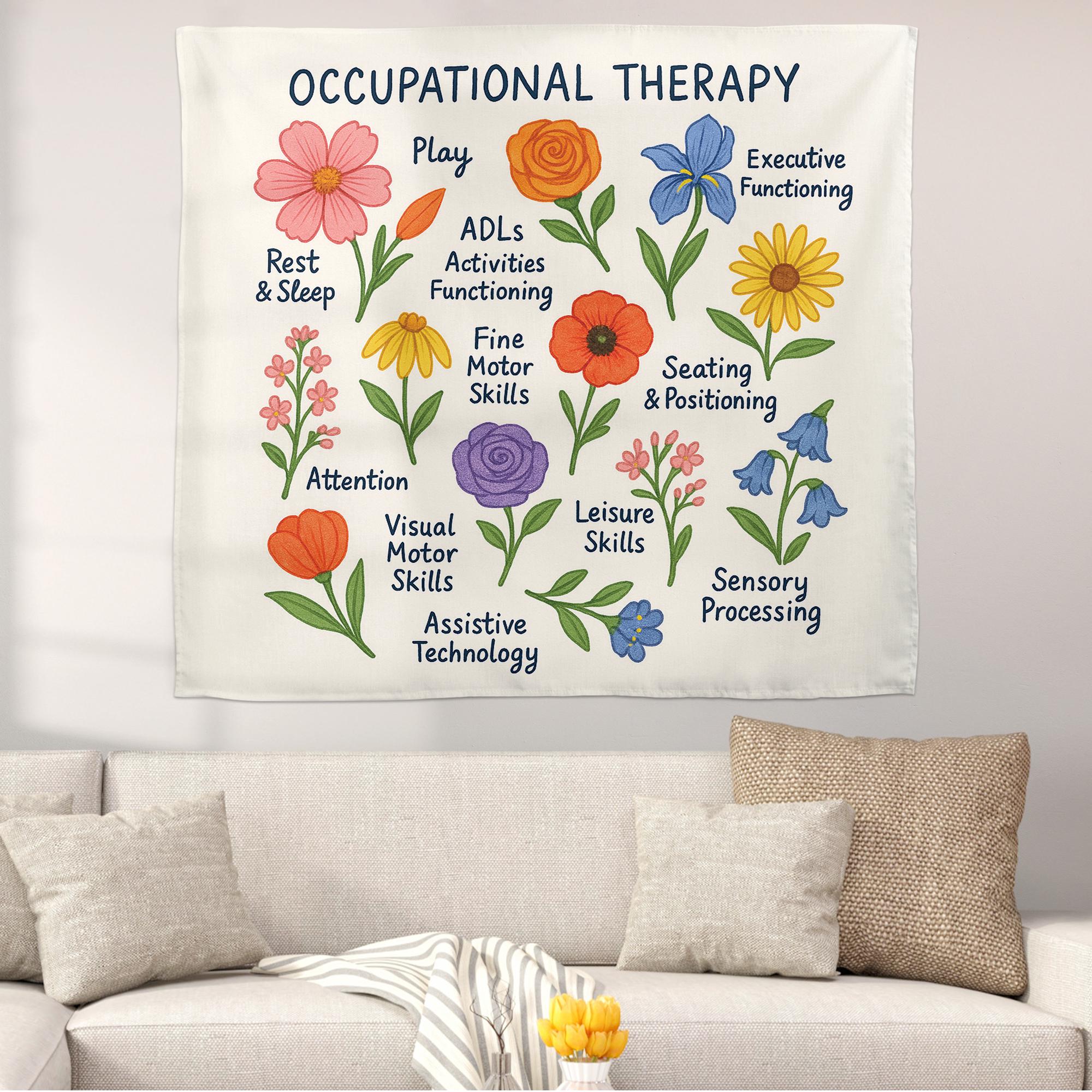 Occupational Therapy Tapestry, OT Office Wall Art, Colorful Therapist Decor, Educational Flower Poster, Pediatric OT Gift