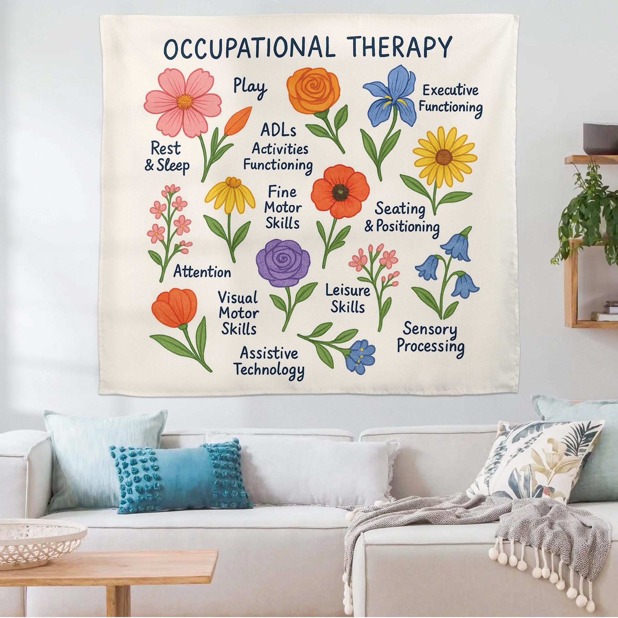 Occupational Therapy Tapestry, OT Office Wall Art, Colorful Therapist Decor, Educational Flower Poster, Pediatric OT Gift