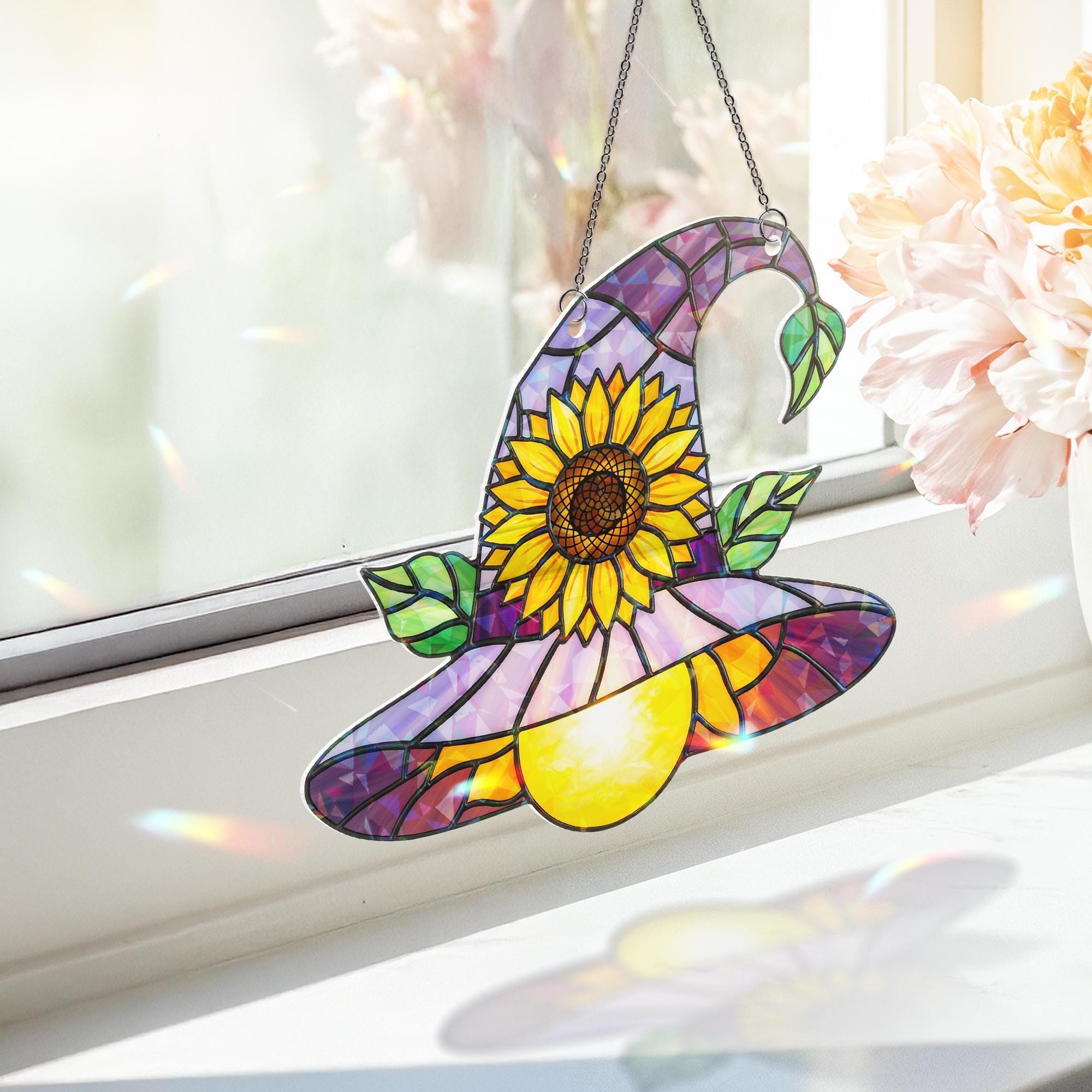 Sunflower Witch Hat Hologram Ornament – Purple Halloween ACRYLIC Window Hanging – Whimsical Fall Decor for Witches and Plant Lovers