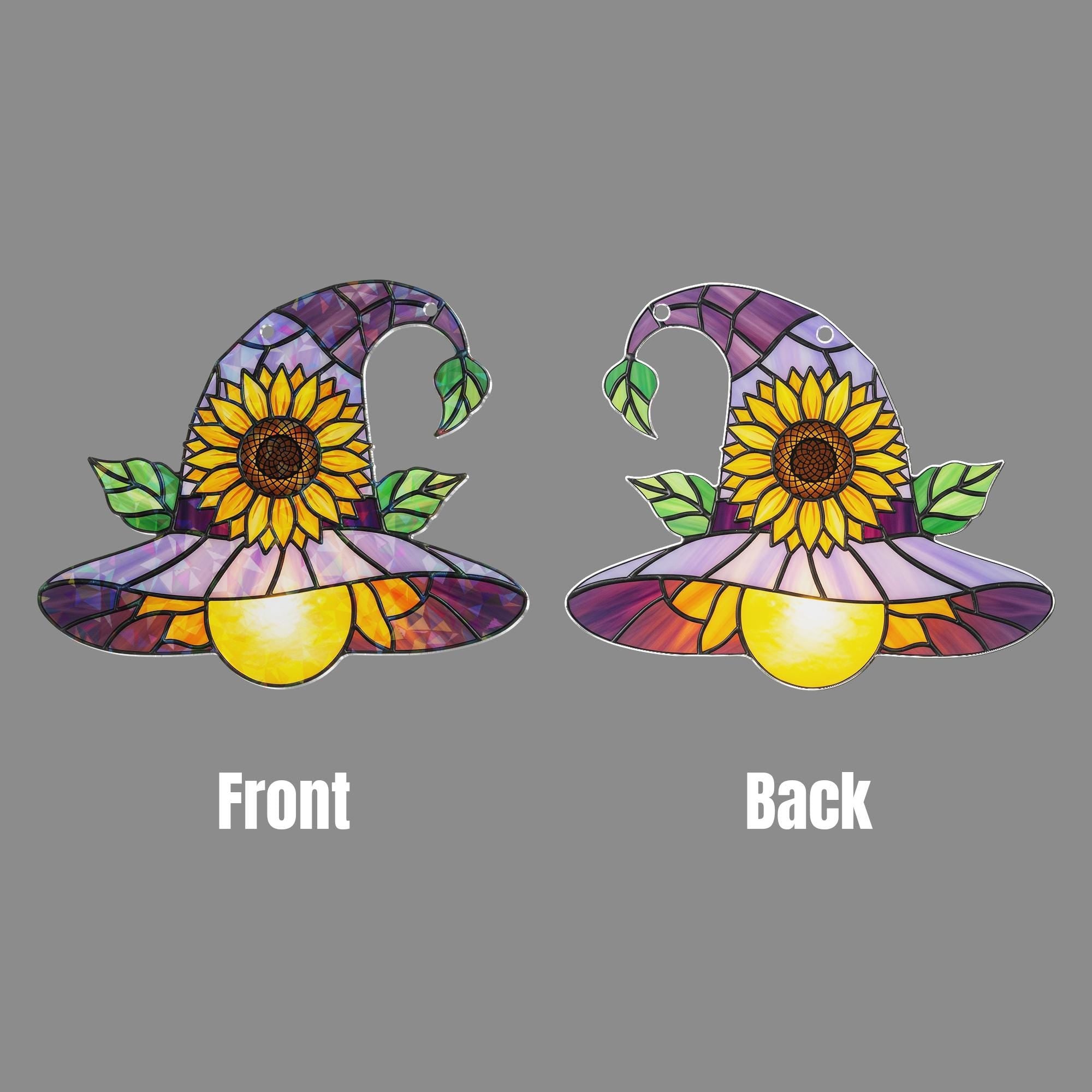 Sunflower Witch Hat Hologram Ornament – Purple Halloween ACRYLIC Window Hanging – Whimsical Fall Decor for Witches and Plant Lovers