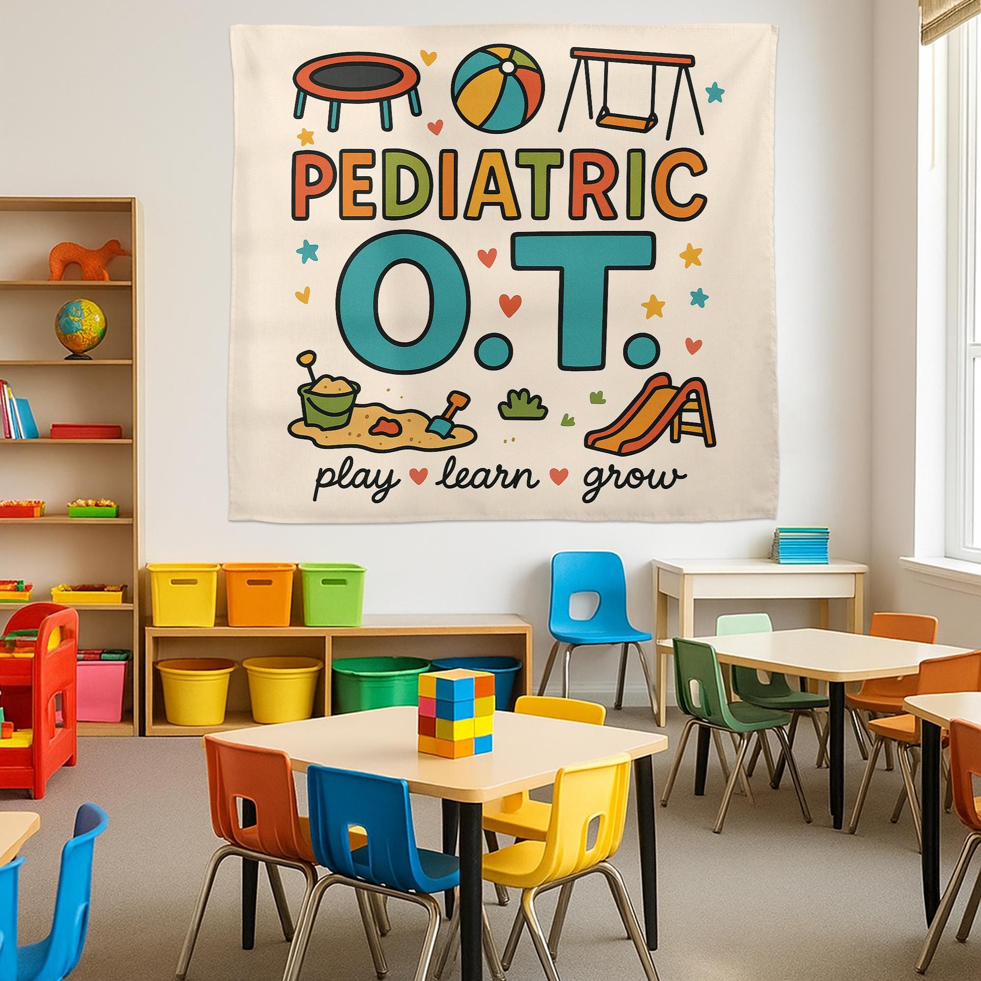 Pediatric OT Tapestry, Play Learn Grow Wall Art, Occupational Therapy Decor, Kids Therapy Poster, OT Office Decoration