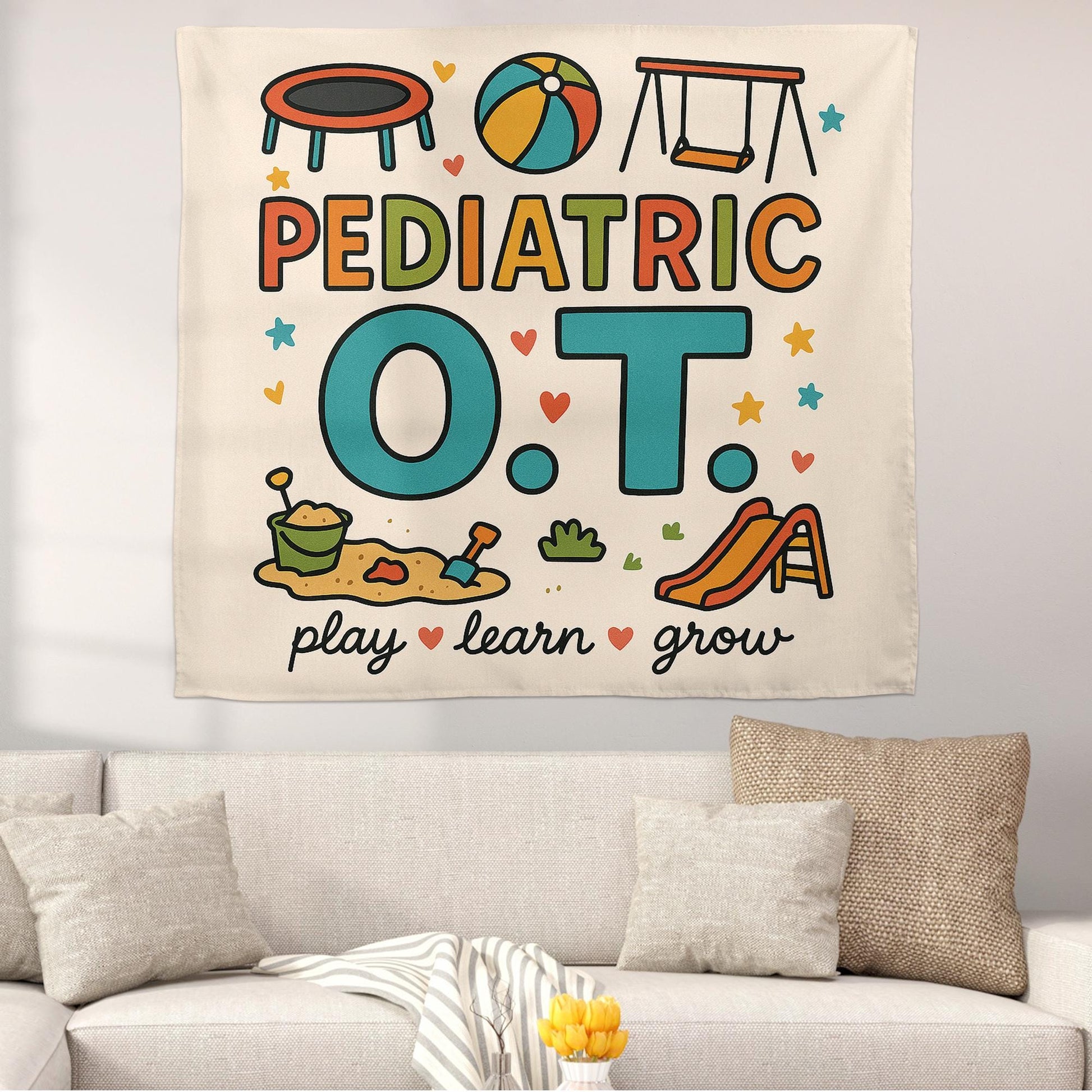 Pediatric OT Tapestry, Play Learn Grow Wall Art, Occupational Therapy Decor, Kids Therapy Poster, OT Office Decoration