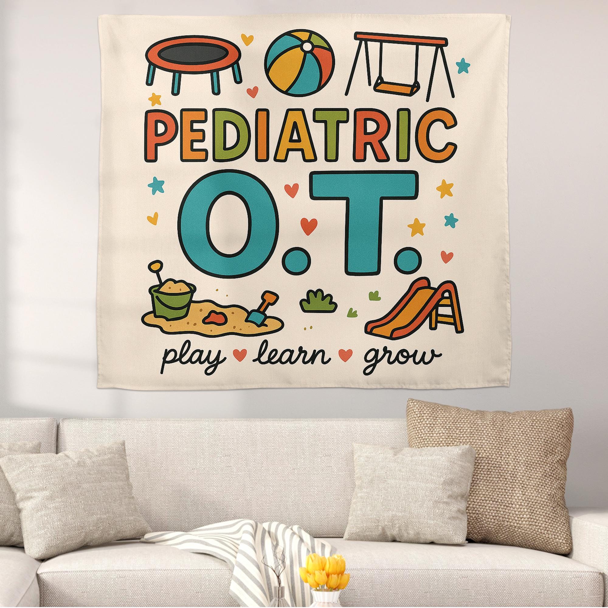 Pediatric OT Tapestry, Play Learn Grow Wall Art, Occupational Therapy Decor, Kids Therapy Poster, OT Office Decoration