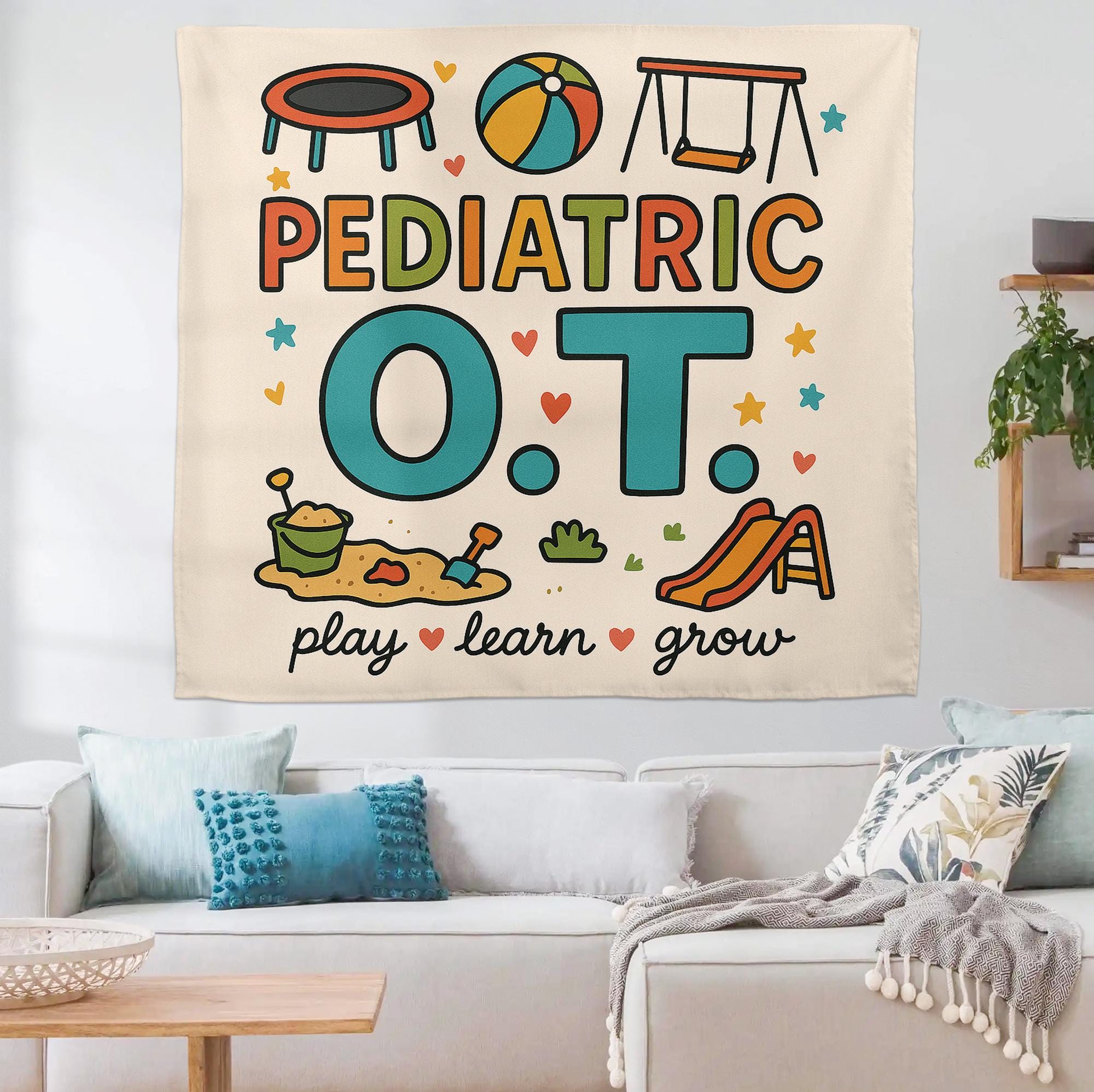 Pediatric OT Tapestry, Play Learn Grow Wall Art, Occupational Therapy Decor, Kids Therapy Poster, OT Office Decoration
