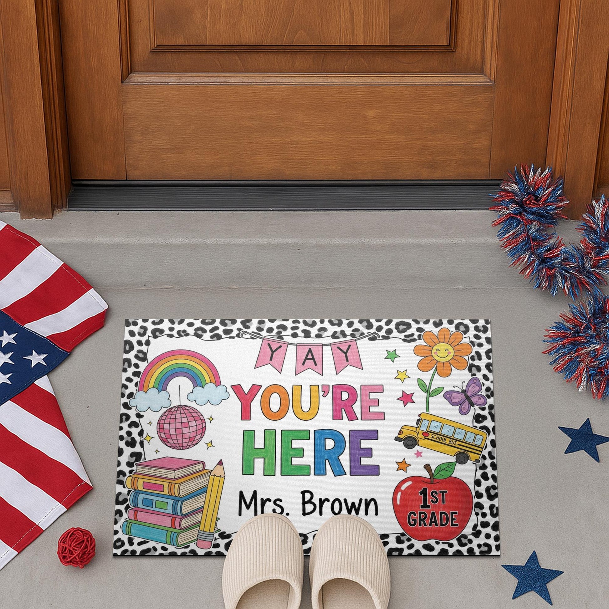 Personalized Teacher Doormat, Back to School Welcome Mat, Custom Classroom Rug, 1st Grade Rainbow Door Decor for Teacher