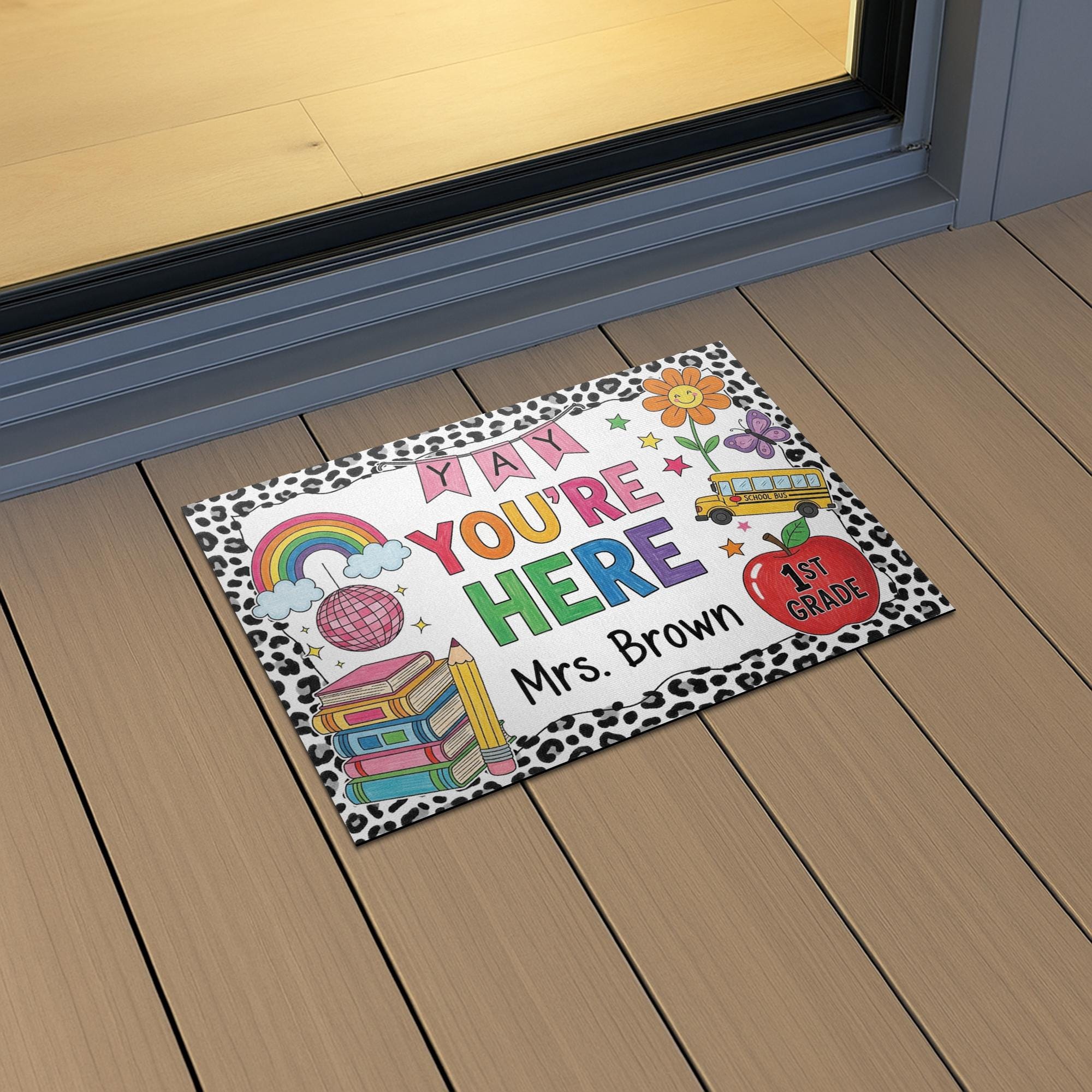 Personalized Teacher Doormat, Back to School Welcome Mat, Custom Classroom Rug, 1st Grade Rainbow Door Decor for Teacher