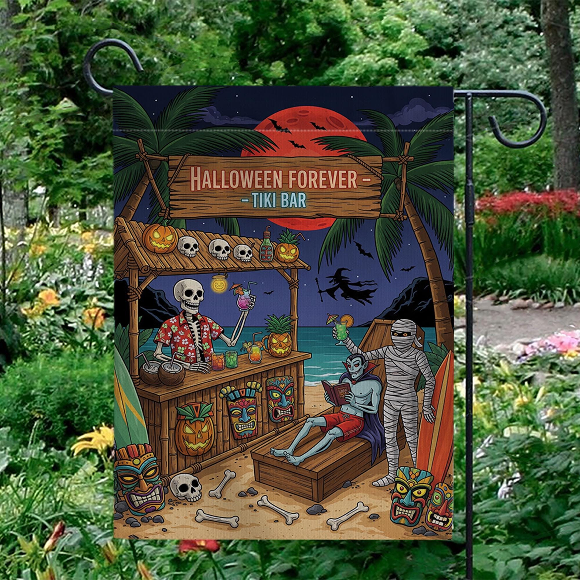 Halloween Tiki Bar Garden Flag - Funny Skeleton Outdoor Decor, Spooky Luau Yard Sign, Mummy Beach Halloween Flag